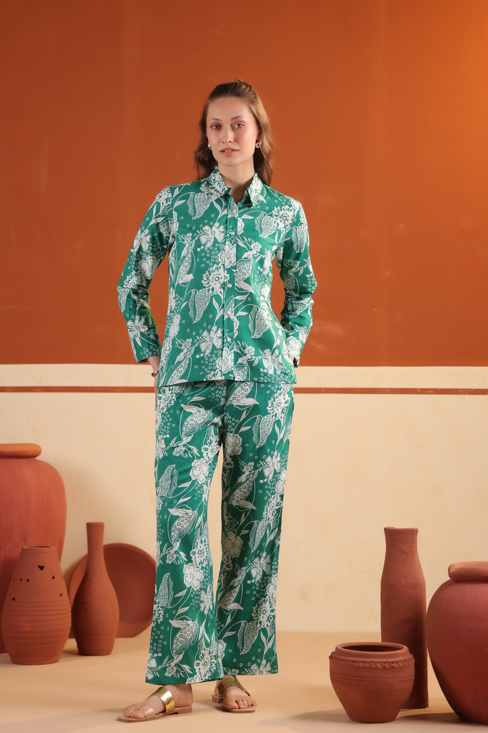 Green Floral Button-Down Printed Two Piece Cotton Co-ord Set