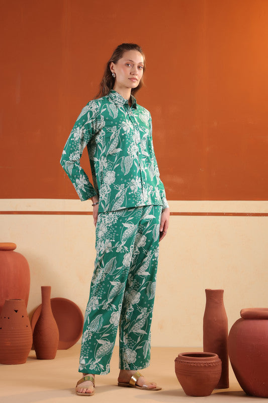 Green Floral Button-Down Printed Two Piece Cotton Co-ord Set