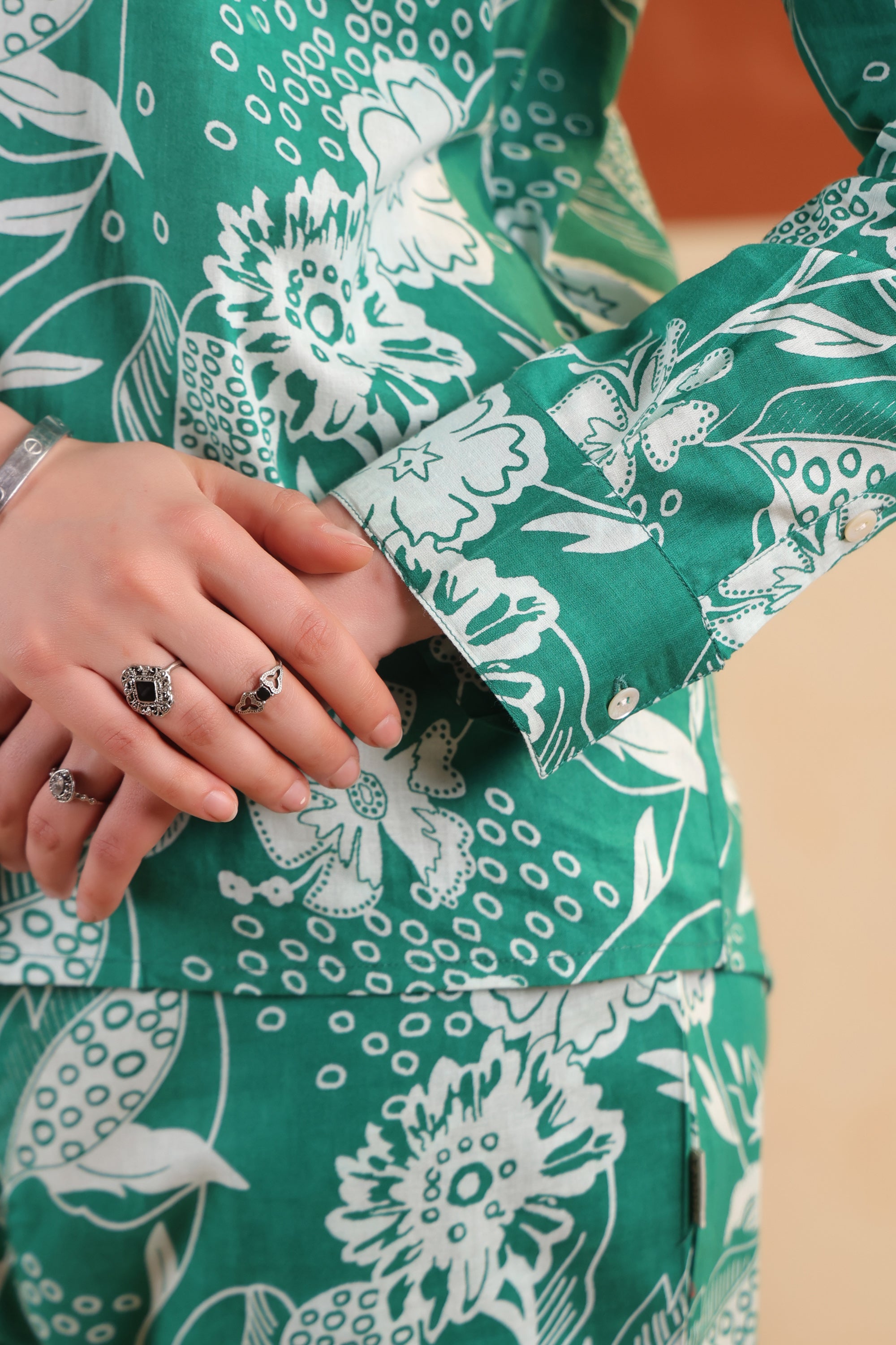 Green Floral Button-Down Printed Two Piece Cotton Co-ord Set