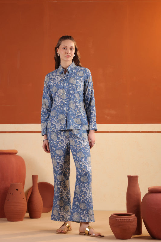 Dusty Blue Floral Printed Button-Down Shirt with Matching Pants Cotton Co-ord Set
