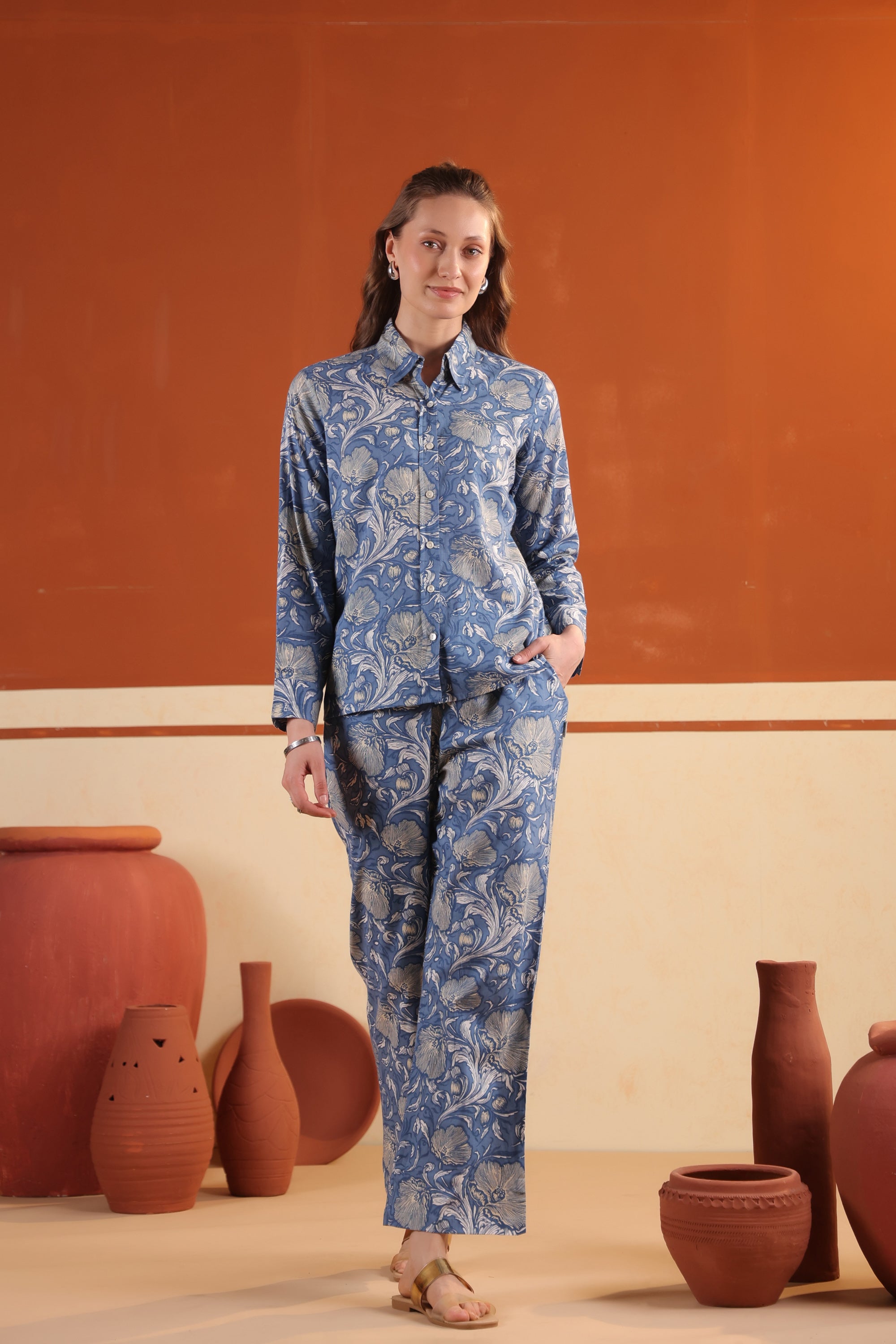 Dusty Blue Floral Printed Button-Down Shirt with Matching Pants Cotton Co-ord Set