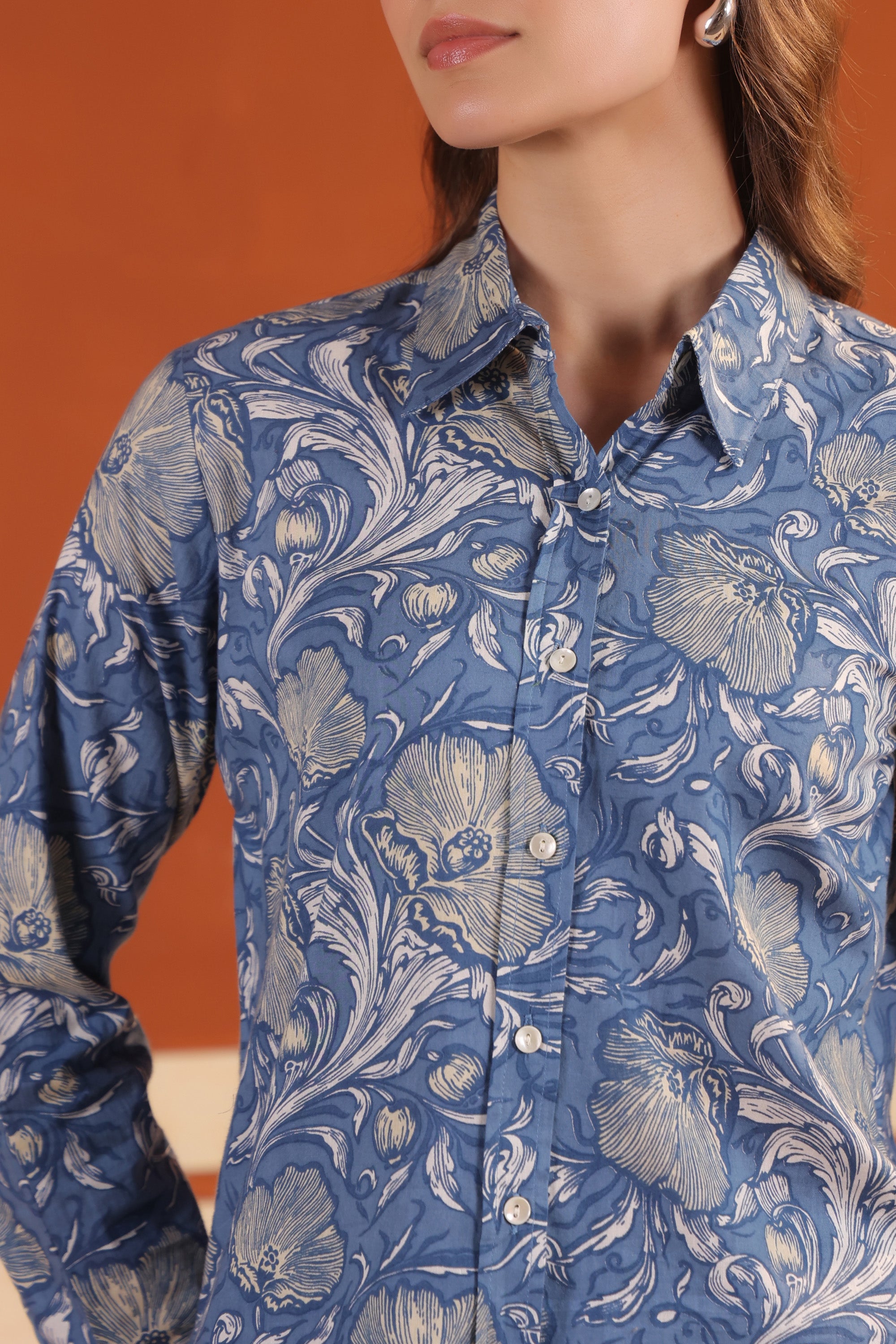 Dusty Blue Floral Printed Button-Down Shirt with Matching Pants Cotton Co-ord Set