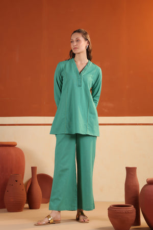 Green Solid Cotton Flex Elegant Minimal Co-ord Set