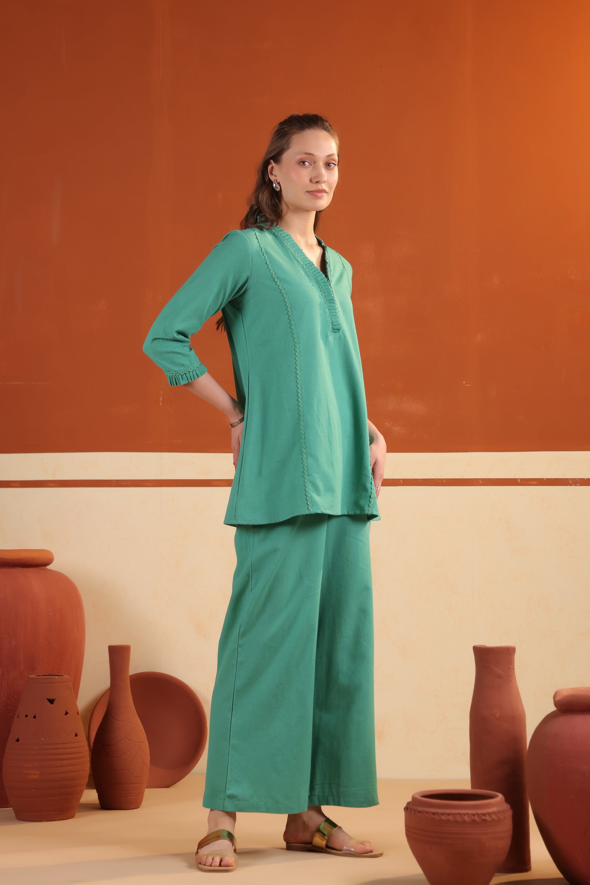 Green Solid Cotton Flex Elegant Minimal Style Top & Pant Co-ord Set