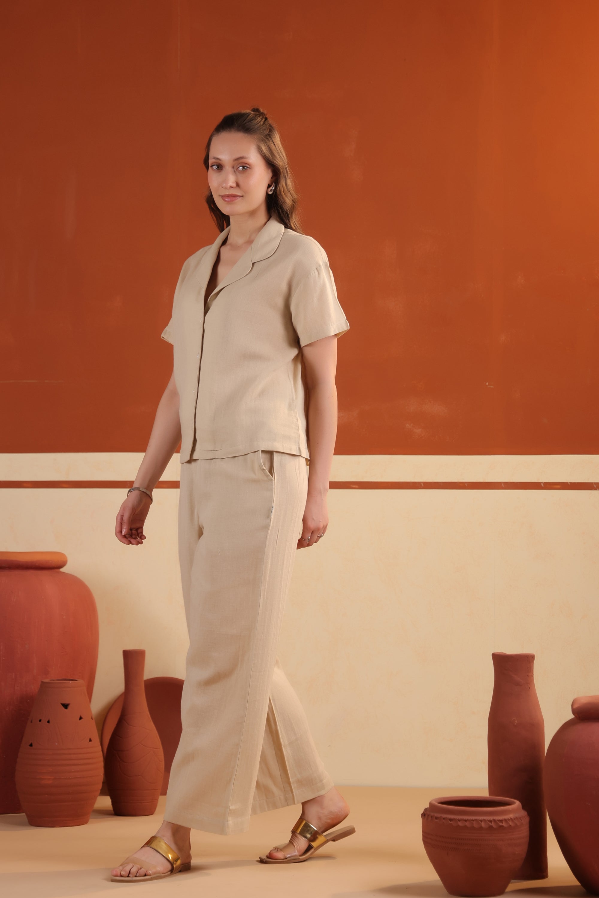 Beige Solid Short Cotton Night Suit Set With Pants