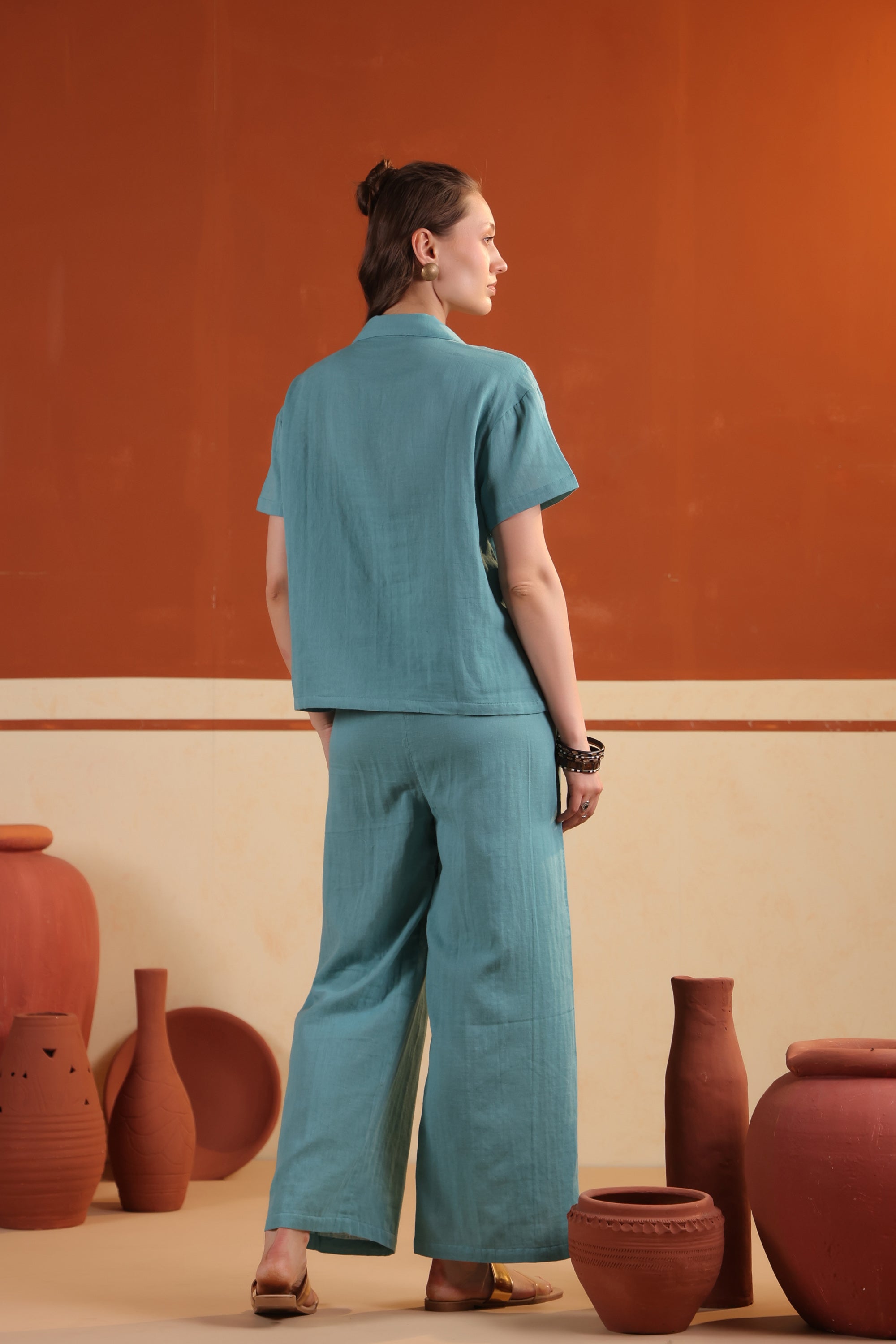 Blue Solid Cotton Button-Down Short Sleeve Night Suit Set