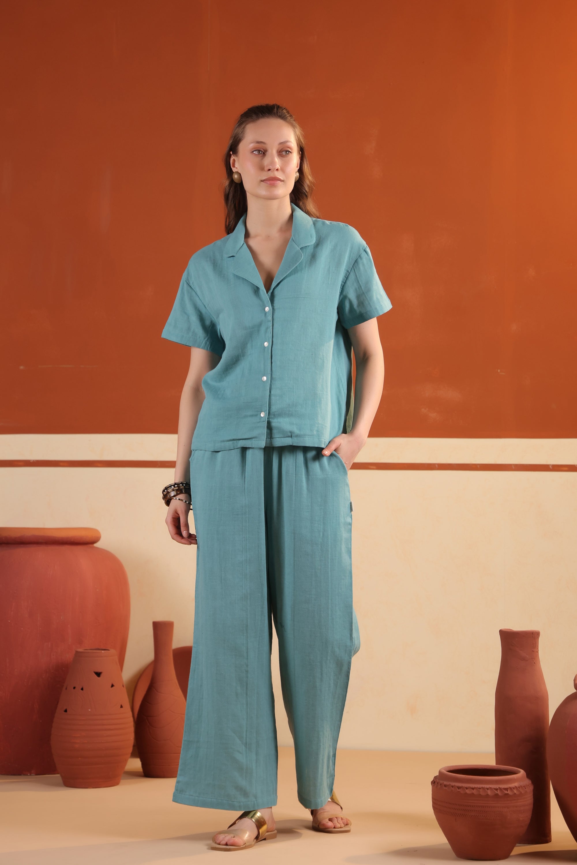 Blue Solid Cotton Button-Down Short Sleeve Night Suit Set