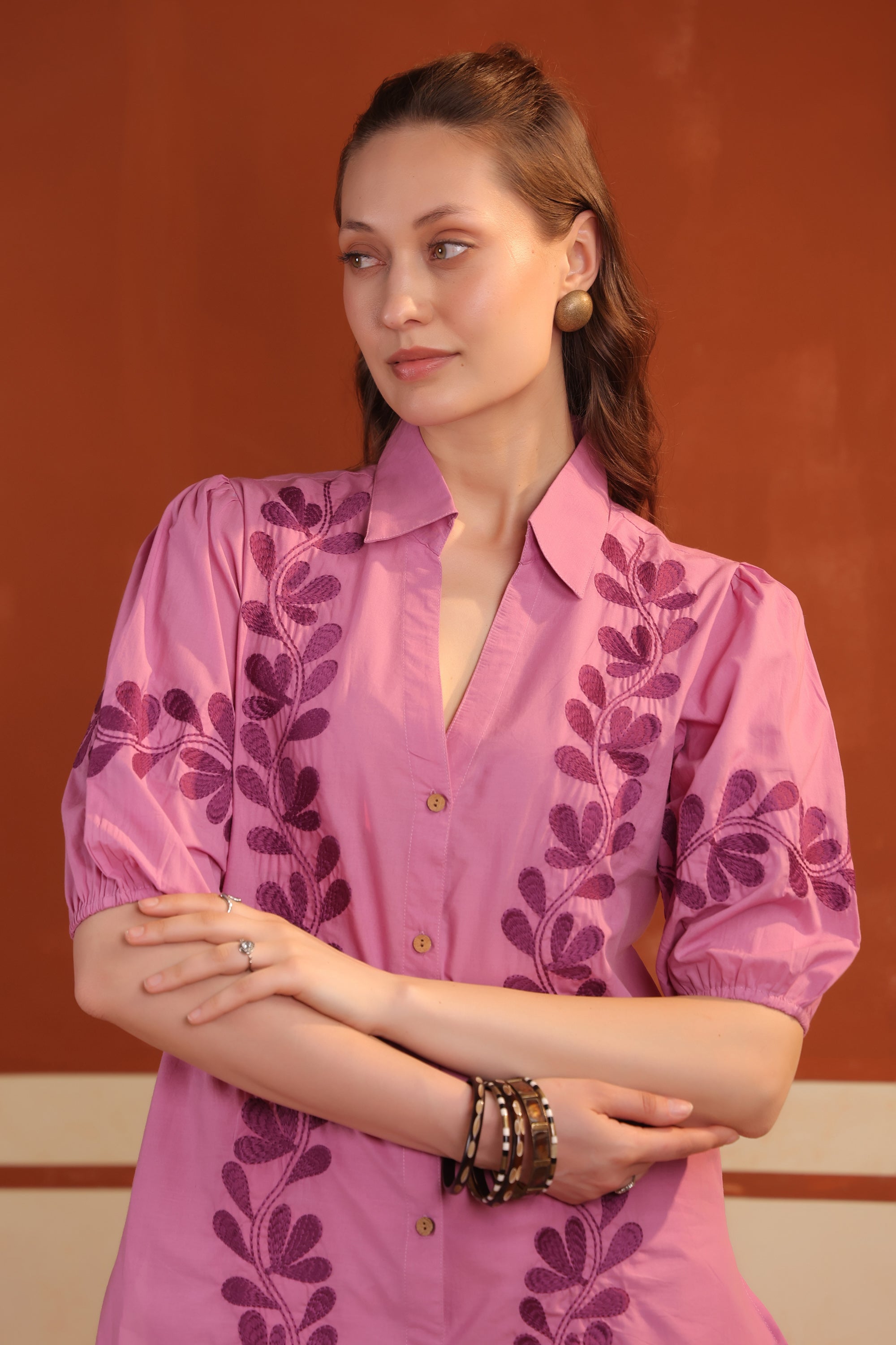 Pink Floral Vine Printed Cotton Top with Straight Pants Co-ord Set