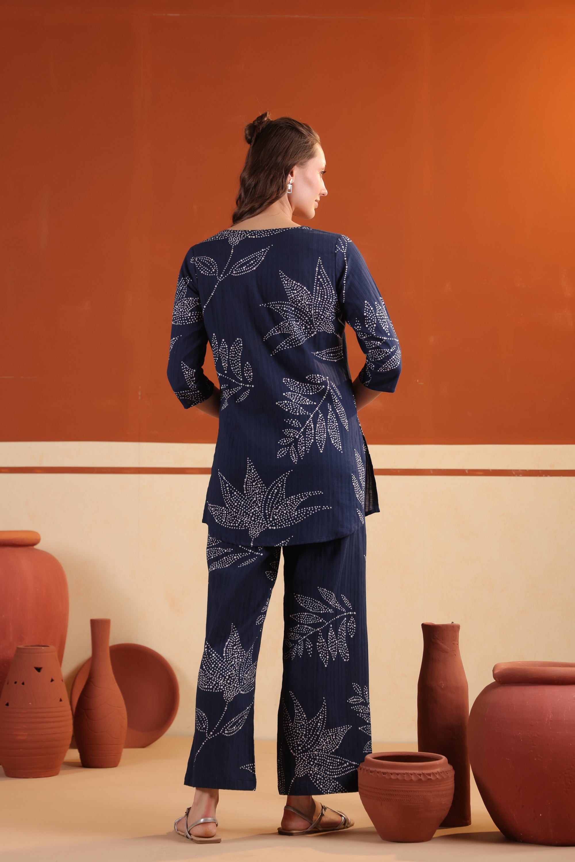 Blue Leaf Printed Relaxed Fit Tunic & Pant Cotton Co-ord Set