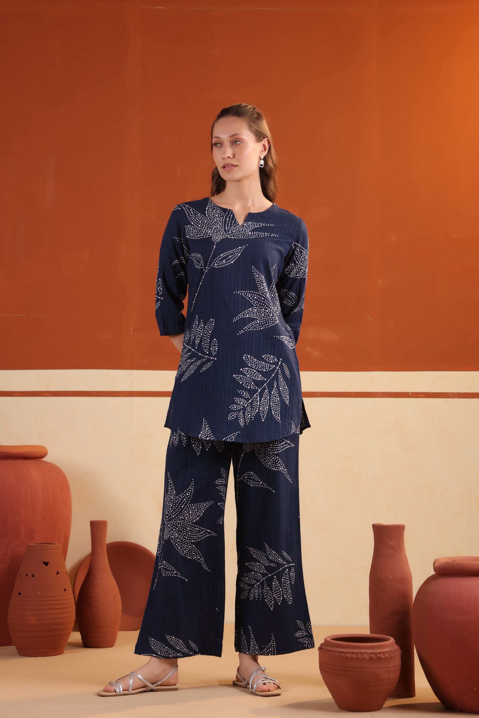 Blue Leaf Printed Relaxed Fit Tunic & Pant Cotton Co-ord Set