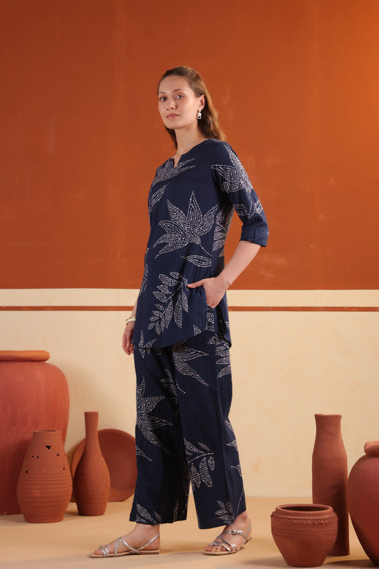 Blue Leaf Printed Relaxed Fit Tunic & Pant Cotton Co-ord Set