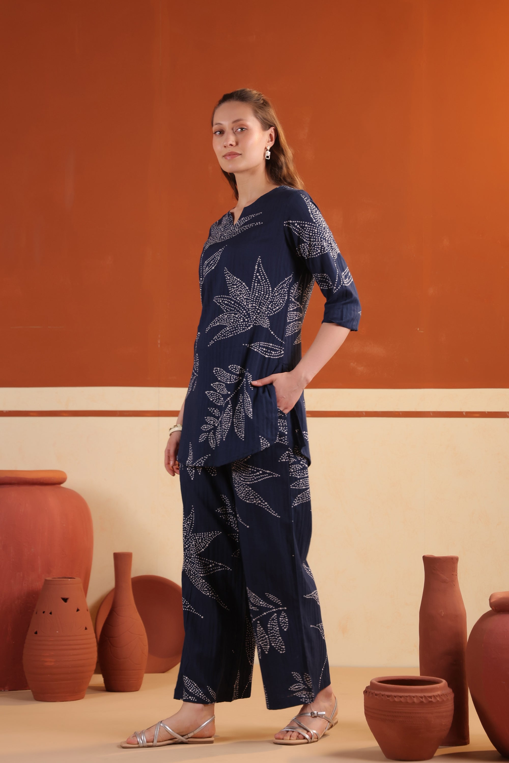 Blue Leaf Printed Relaxed Fit Tunic & Pant Cotton Co-ord Set