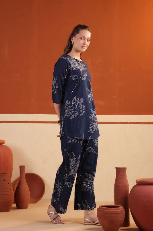 Blue Leaf Printed Relaxed Fit Tunic & Pant Cotton Co-ord Set