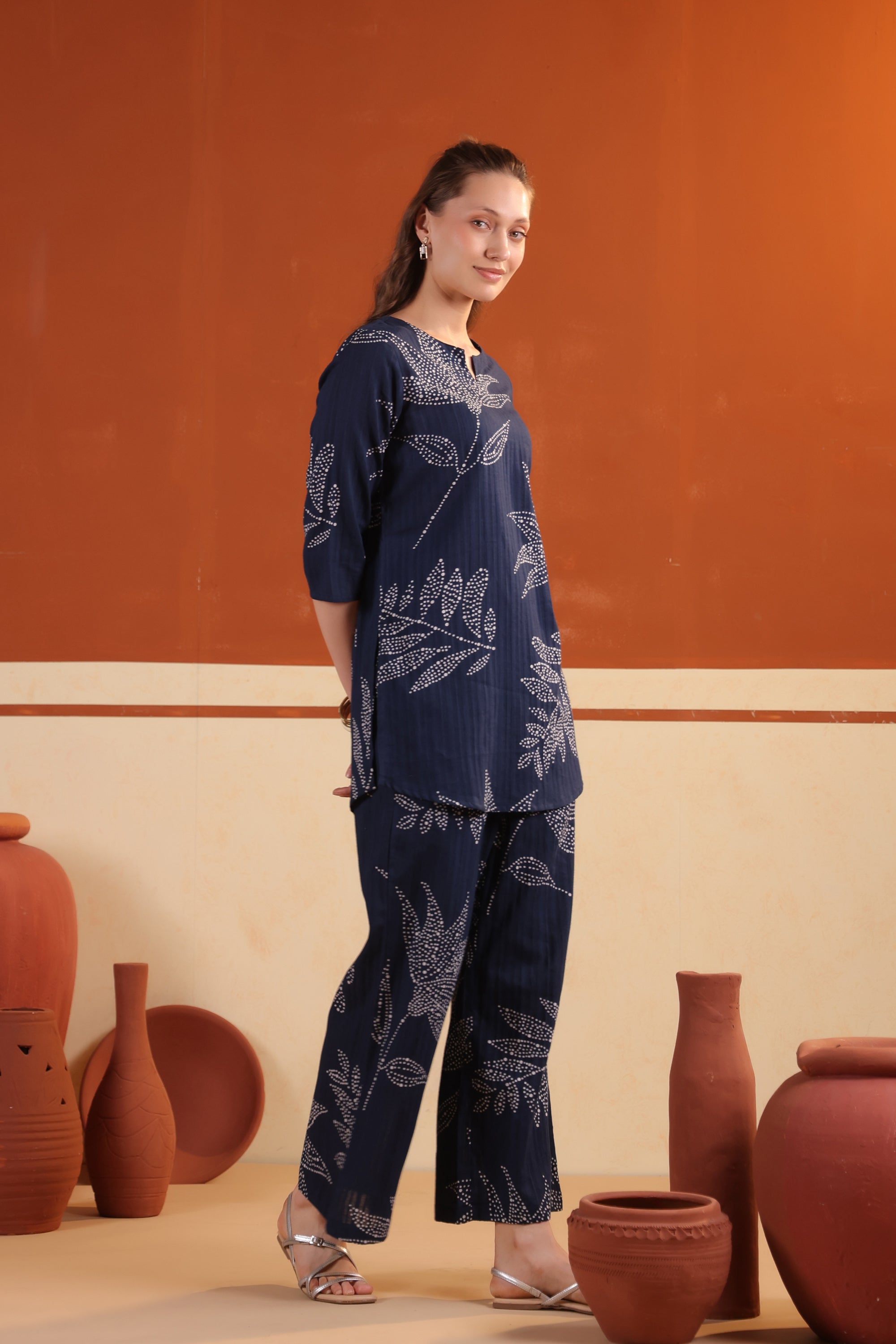Blue Leaf Printed Relaxed Fit Tunic & Pant Cotton Co-ord Set