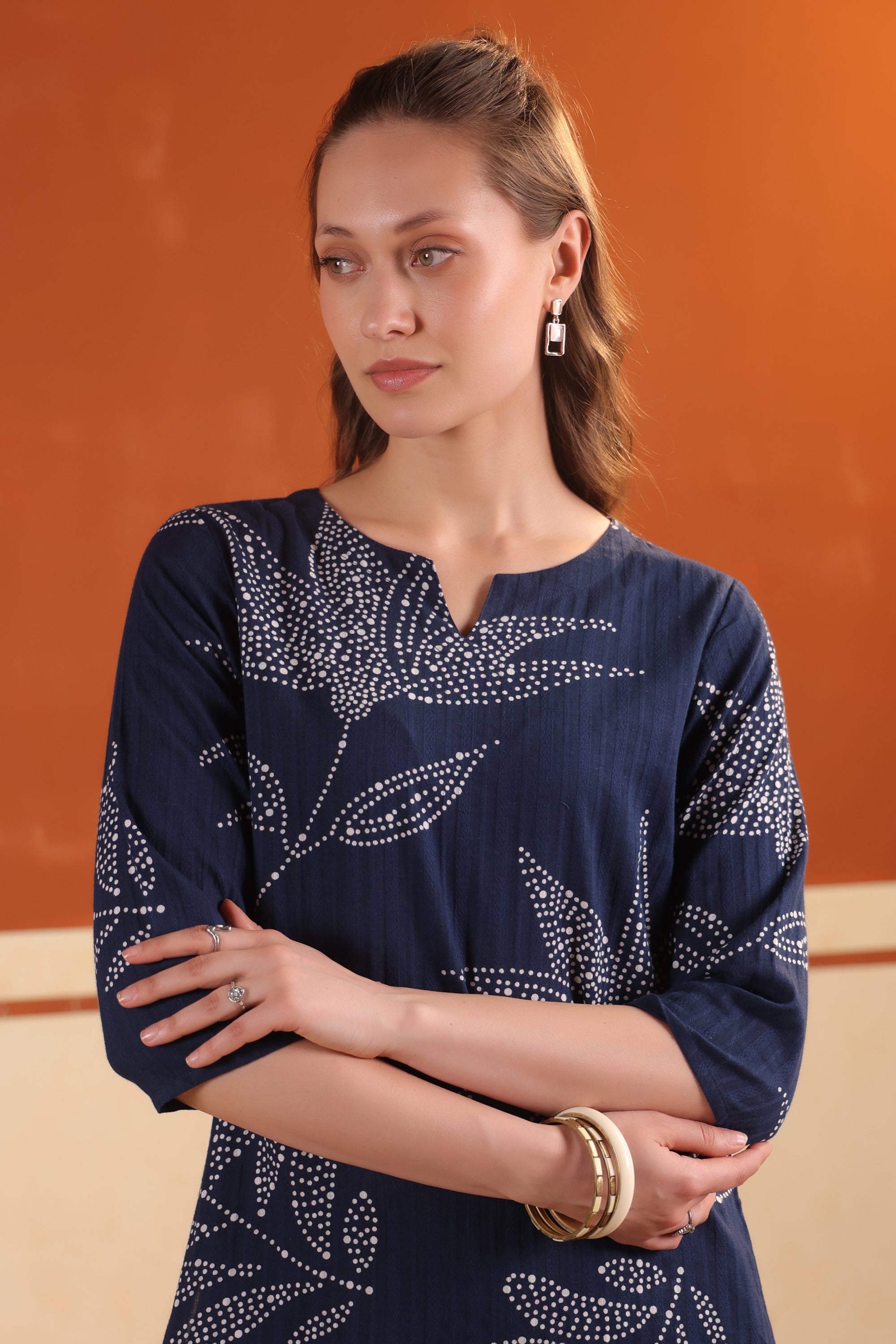 Blue Leaf Printed Relaxed Fit Tunic & Pant Cotton Co-ord Set