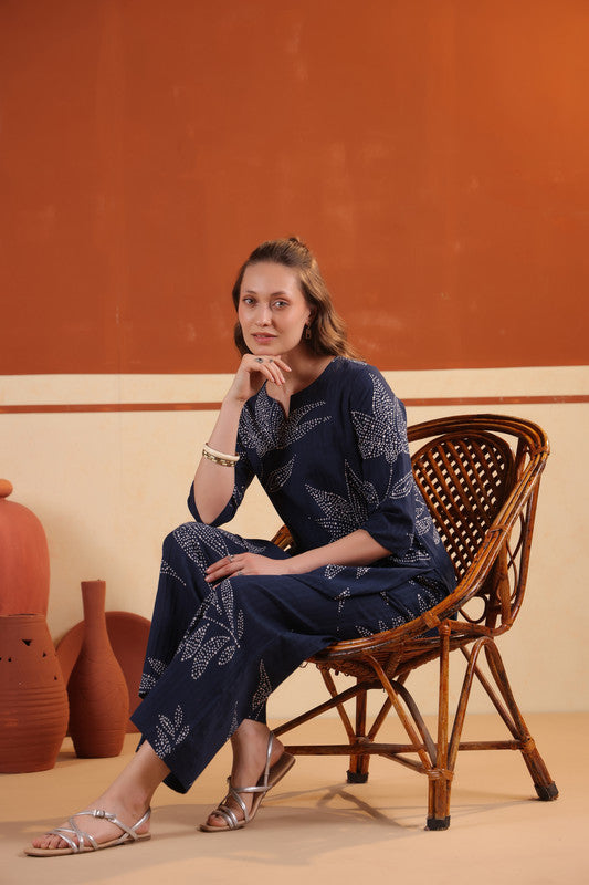 Blue Leaf Printed Relaxed Fit Tunic & Pant Cotton Co-ord Set