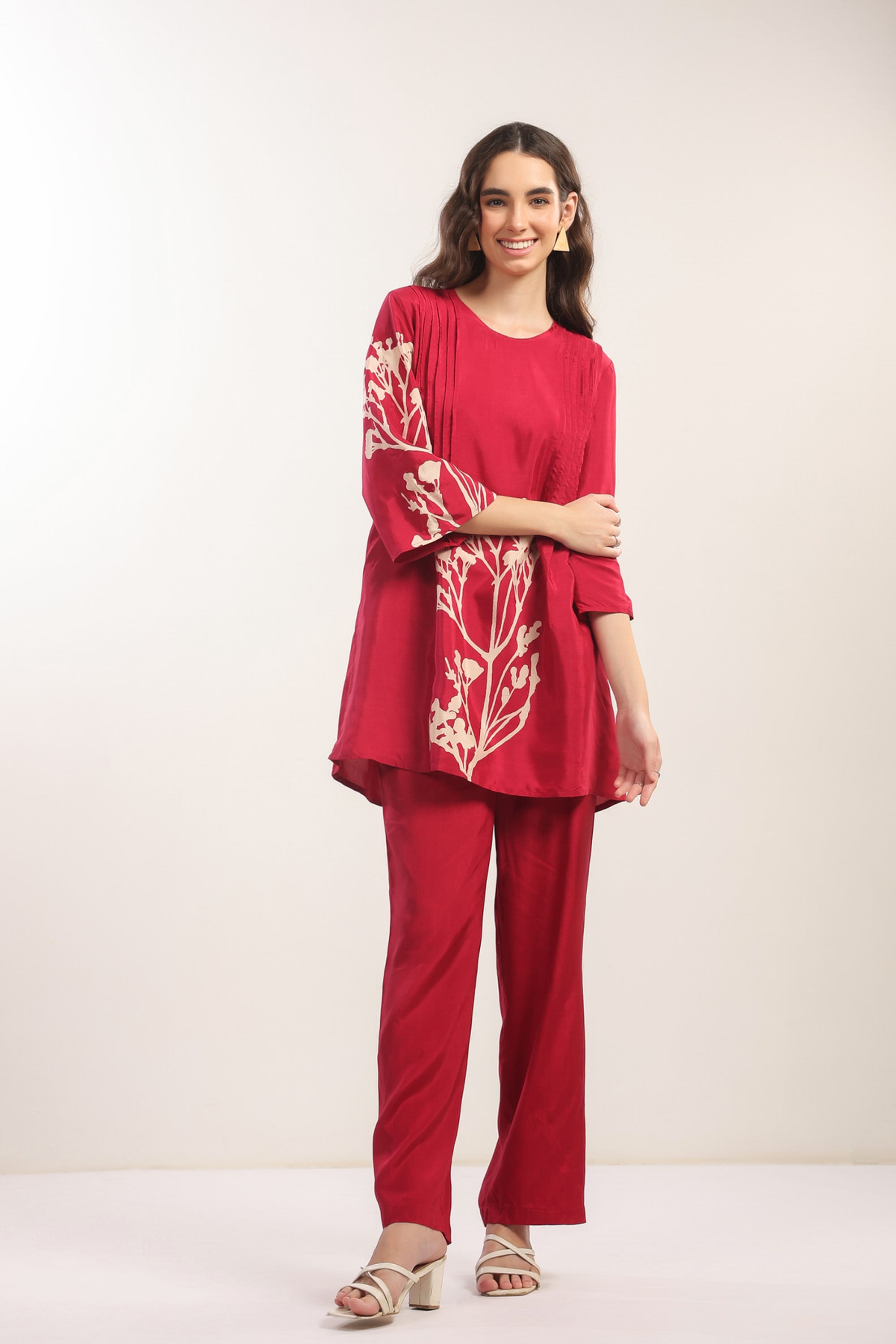 Elegant Crimson Red Floral Russian Silk Co-ord Set