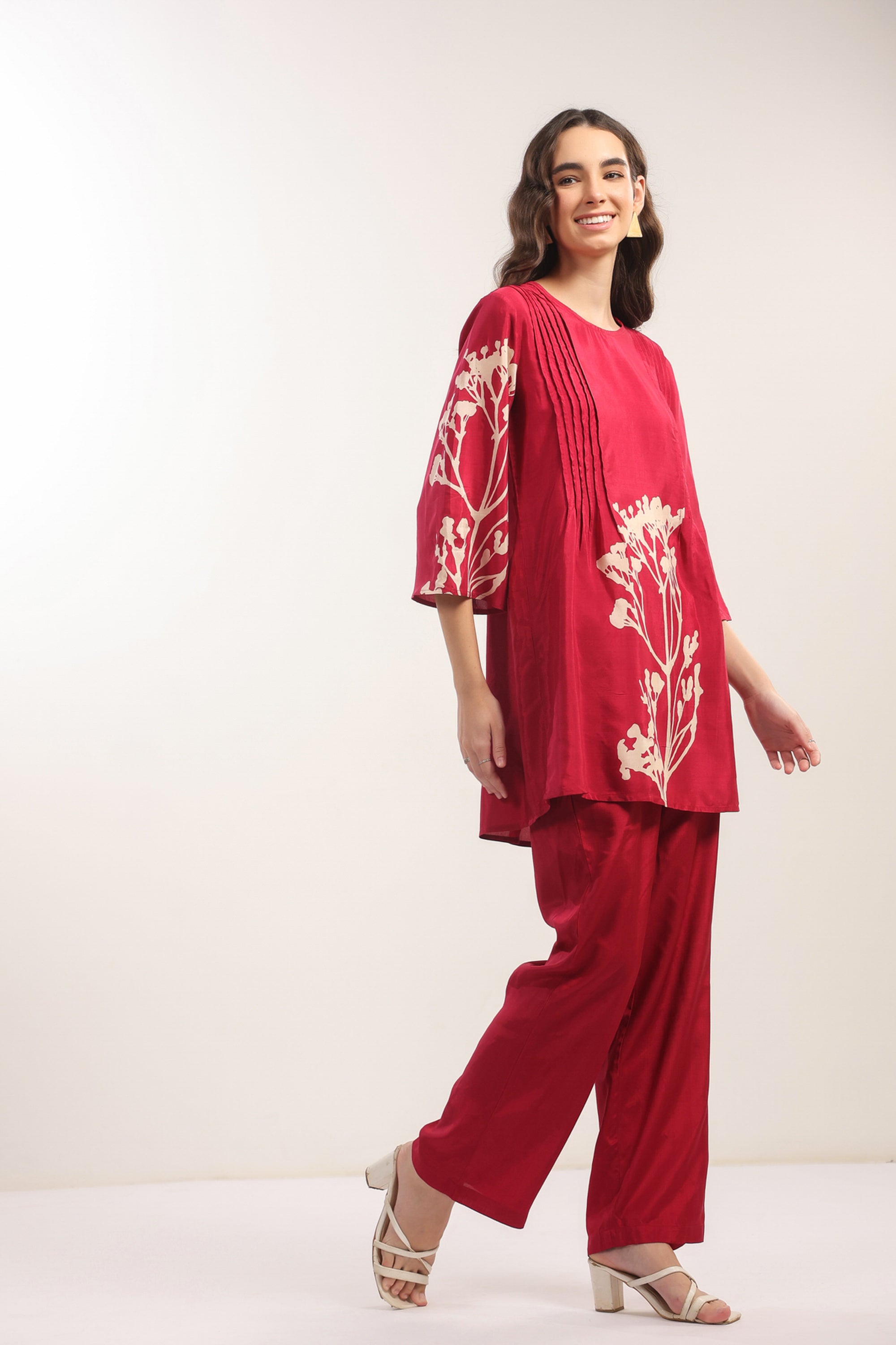 Elegant Crimson Red Floral Russian Silk Co-ord Set