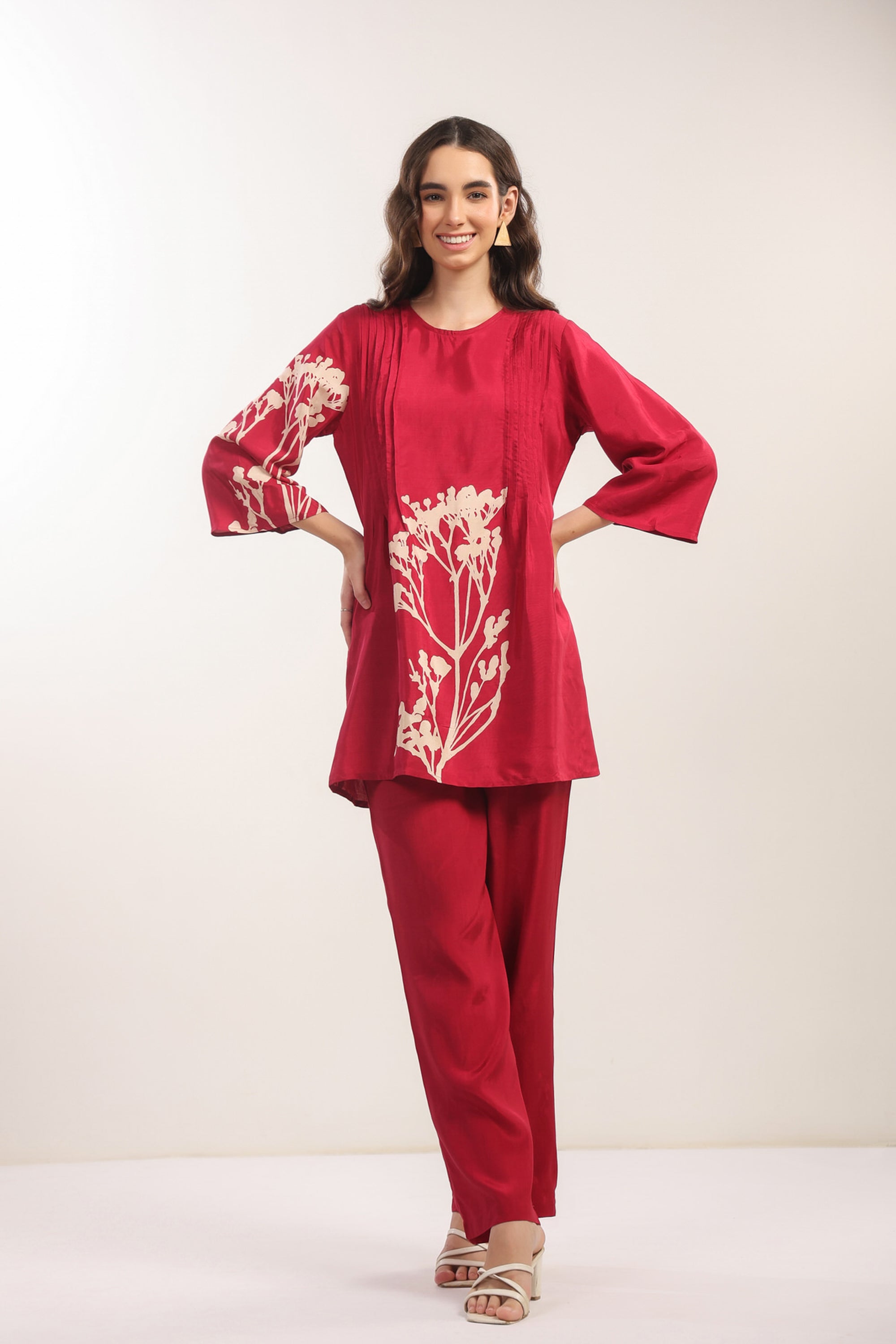 Elegant Crimson Red Floral Russian Silk Co-ord Set