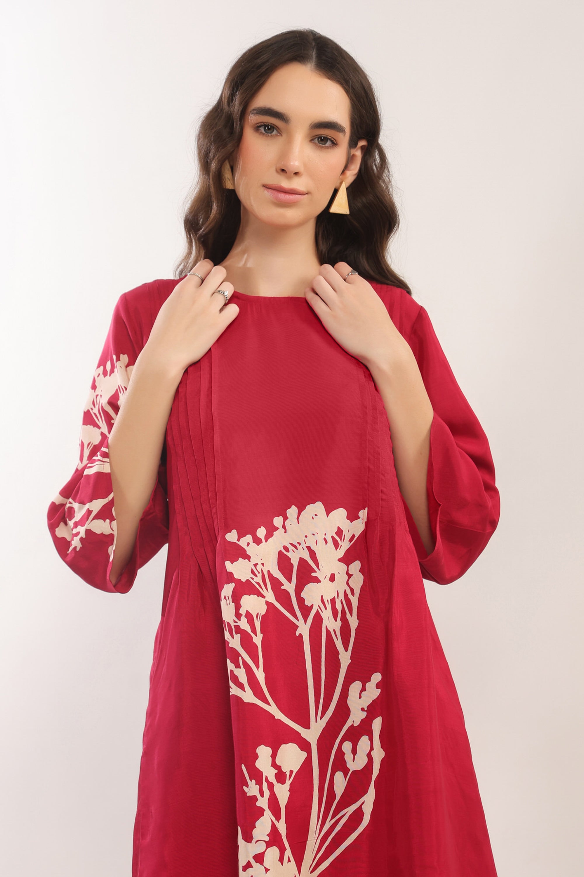 Elegant Crimson Red Floral Russian Silk Co-ord Set