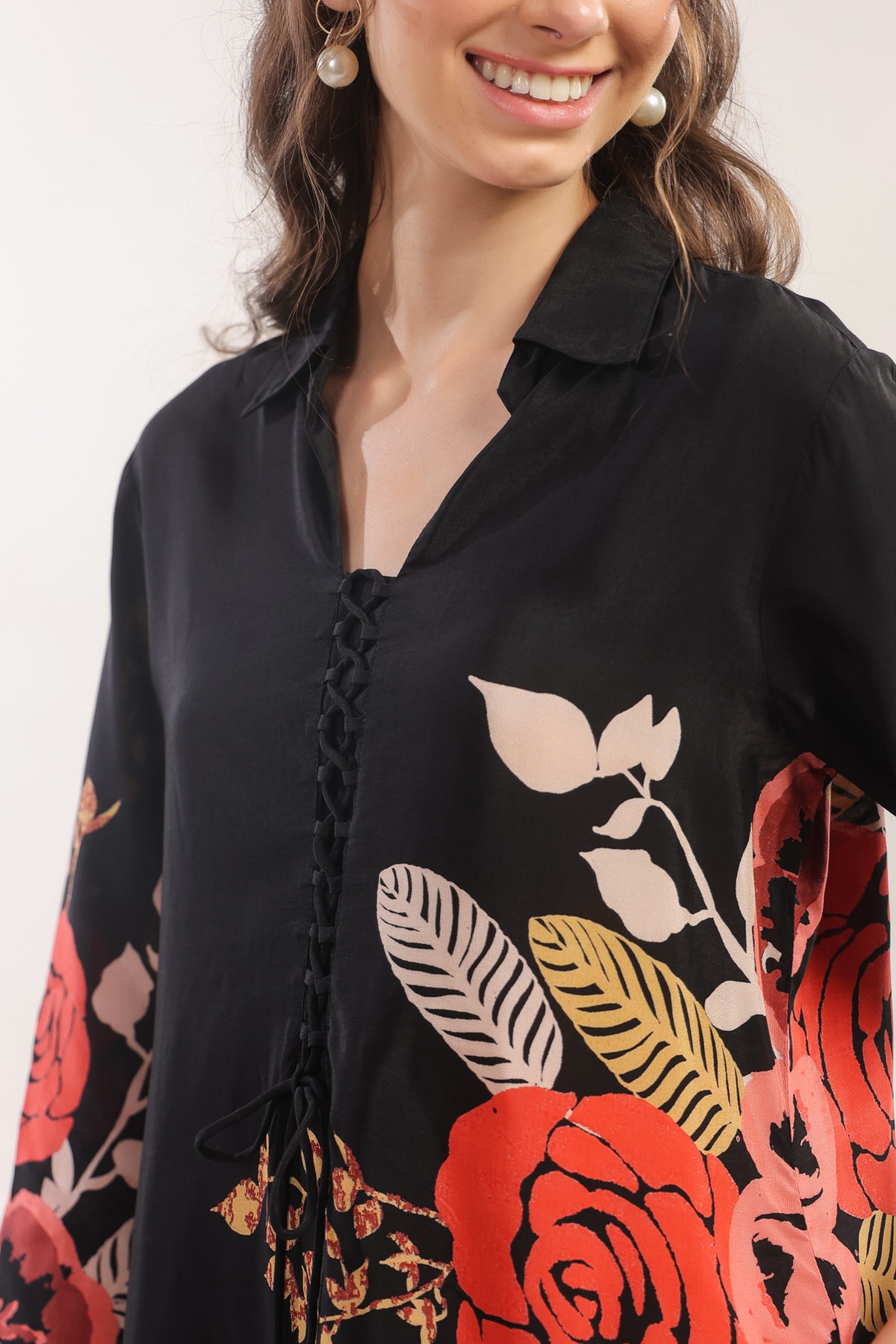 Black Floral Printed Russian Silk Co-ord Set