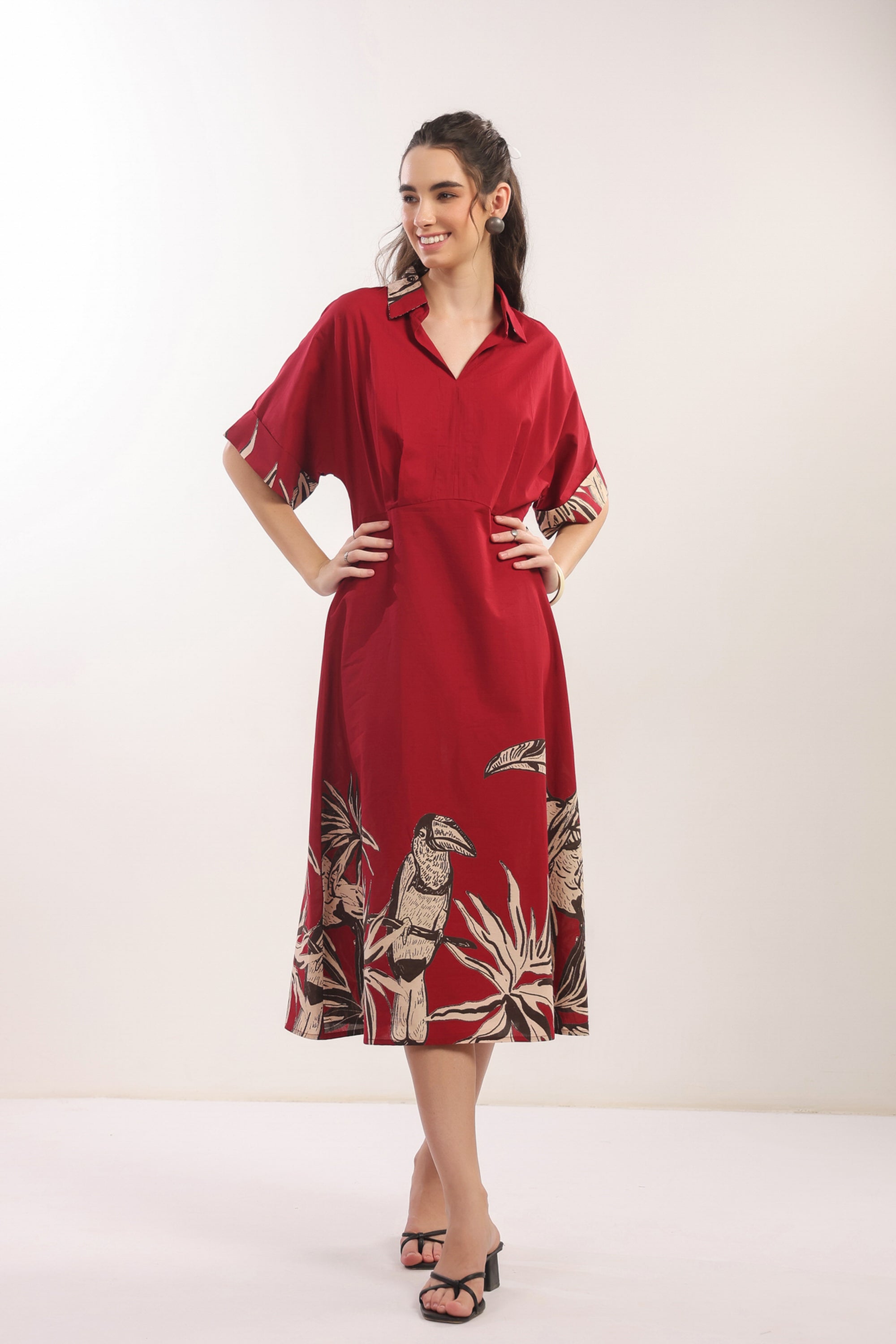Crimson Jungle Vibe Red Cotton Shirt Dress