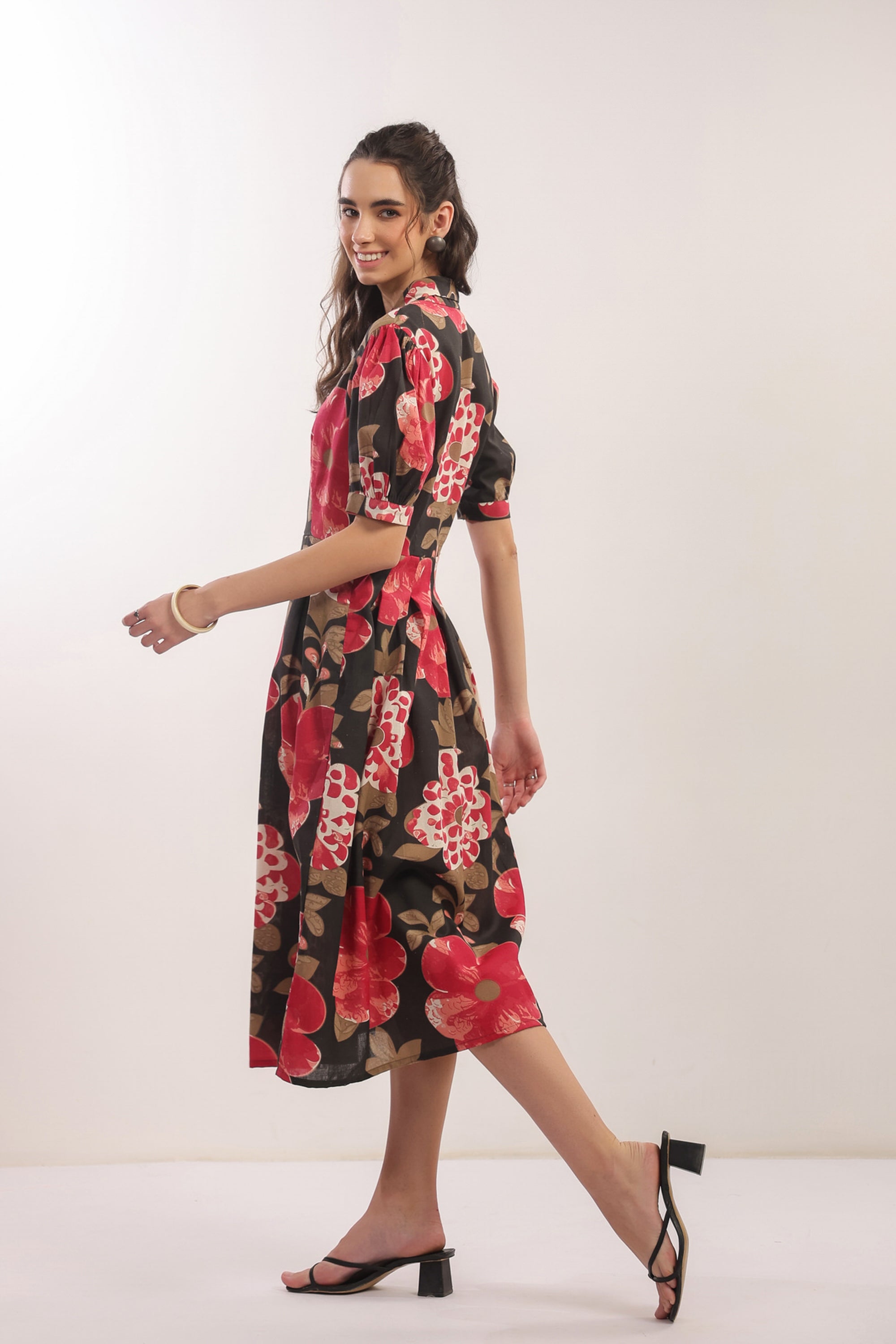 Bold Blossom Black Floral Midi Cotton Flex Dress