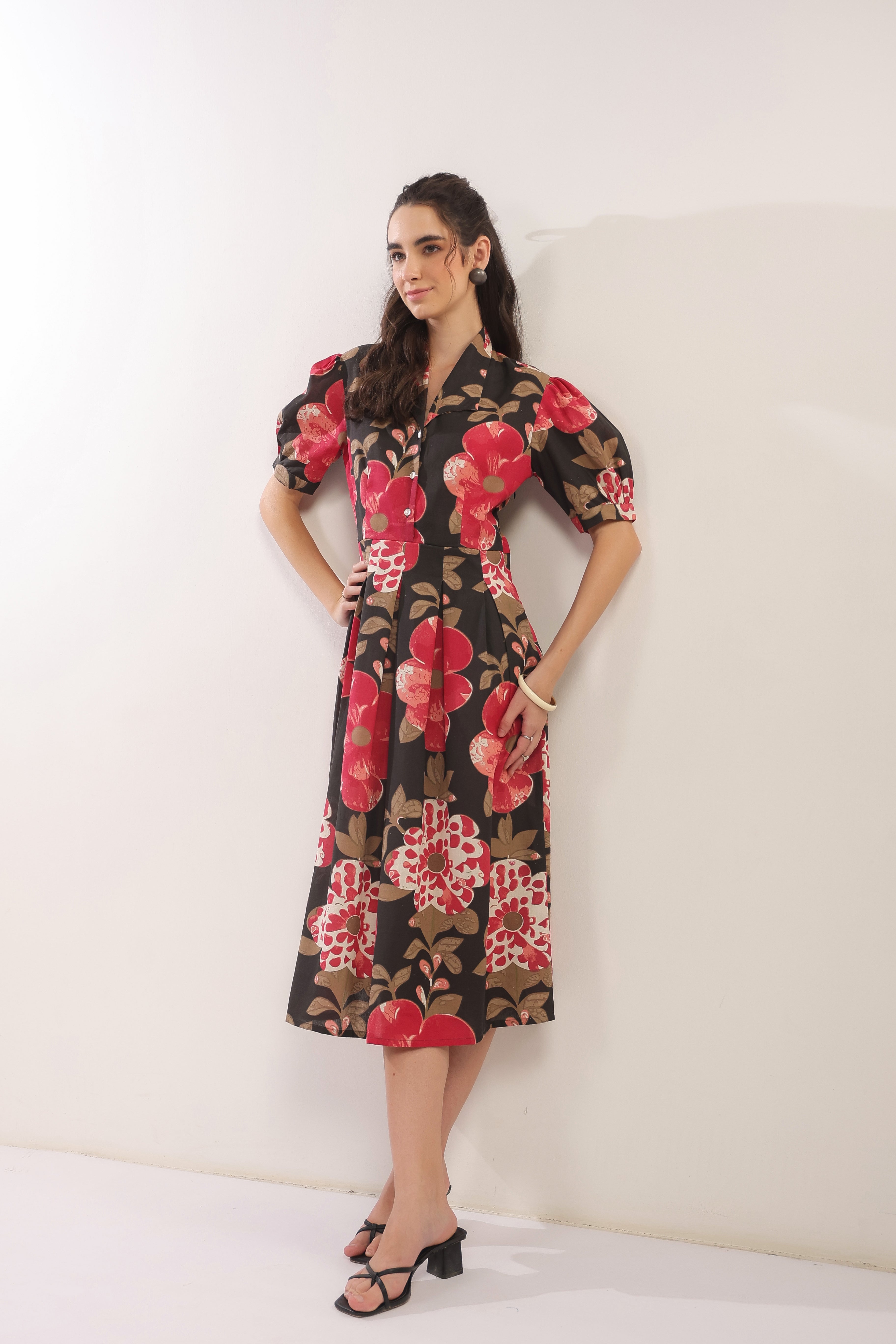 Bold Blossom Black Floral Midi Cotton Flex Dress