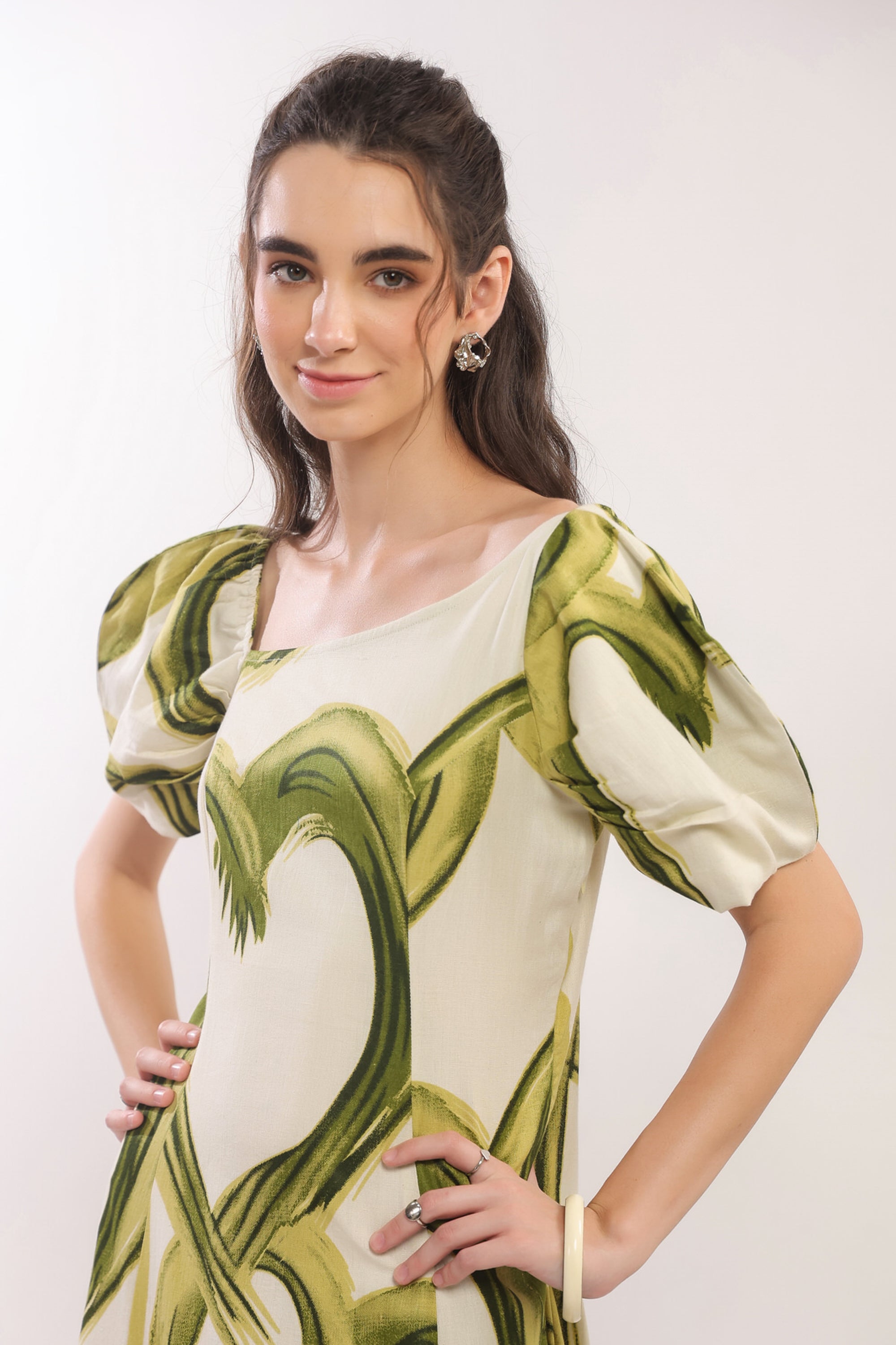 Tropical Green Midi Cotton Flex Dress