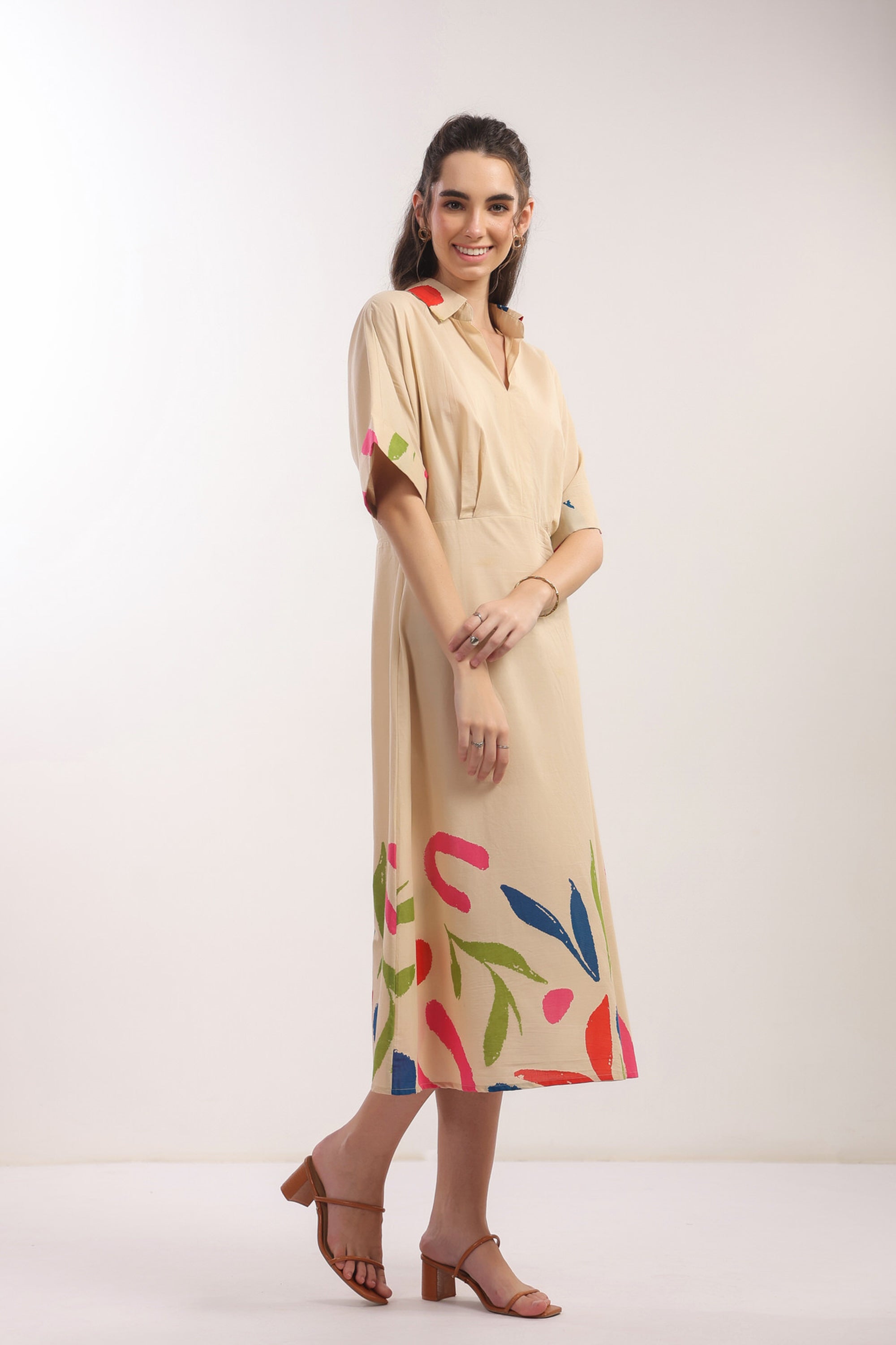 Beige Breeze Botanical Shirt Cotton Dress