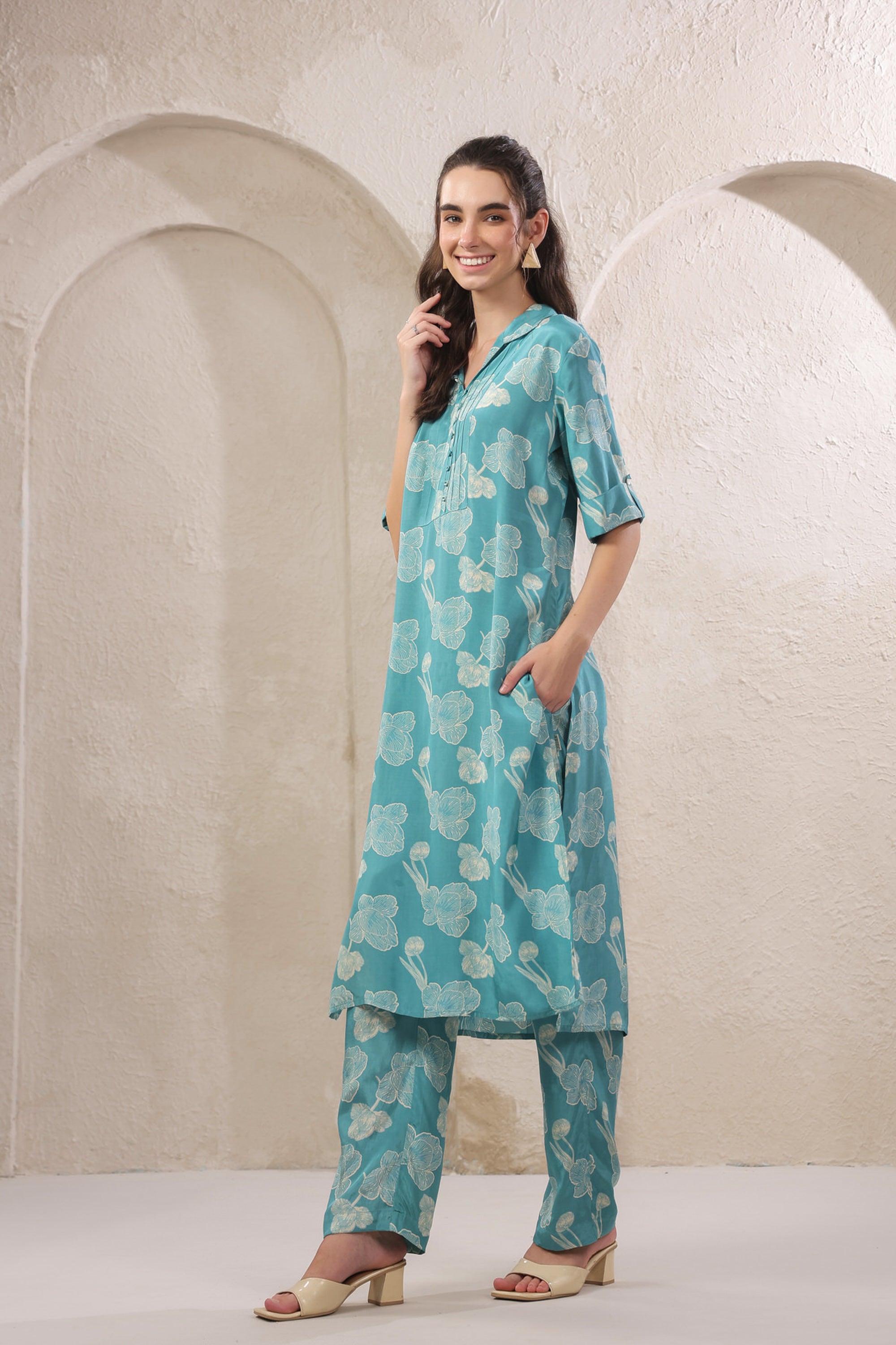 Frosted Petals Blue Russian Silk Co-ord Set