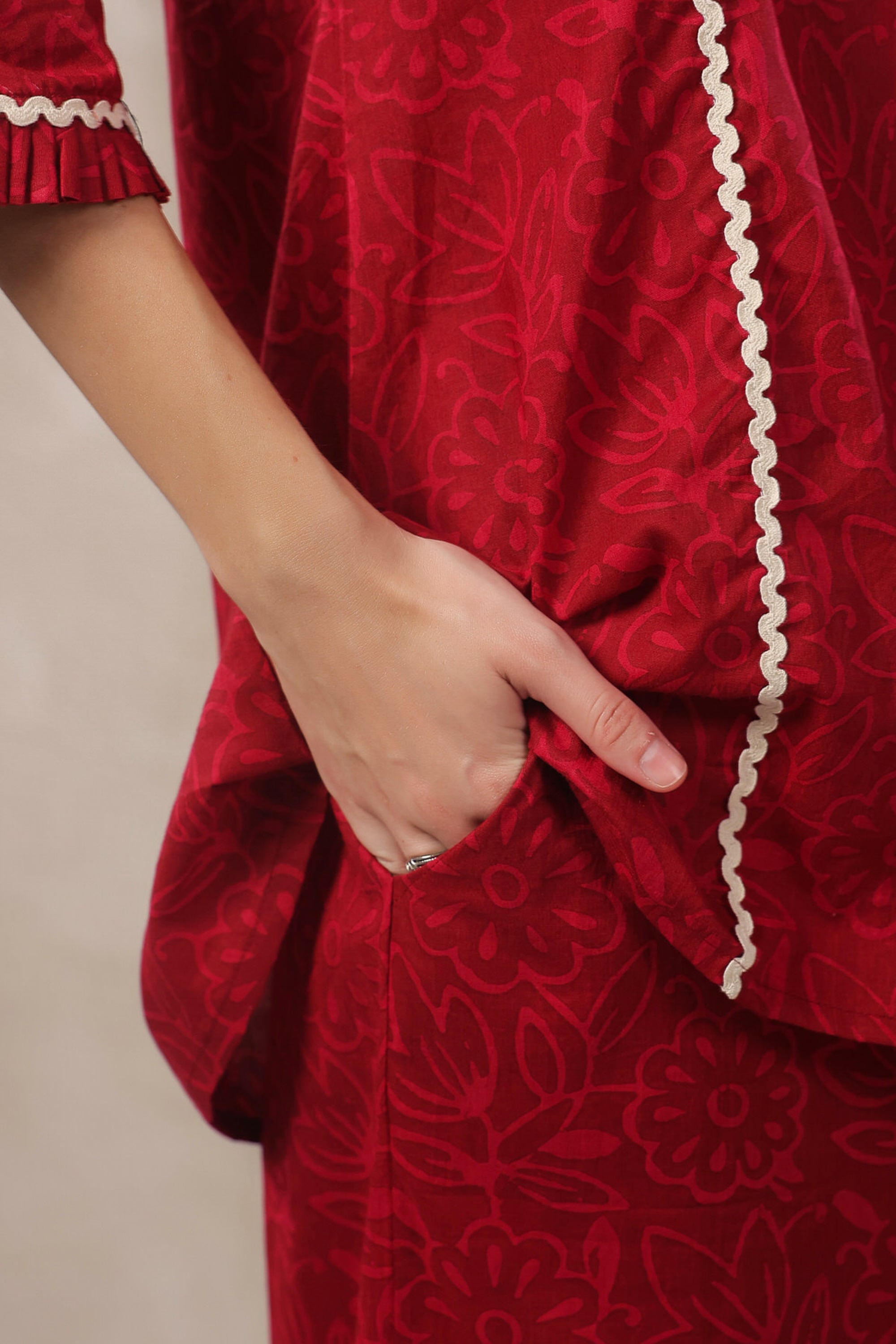 Crimson Lace Cotton Red Co-ord Set