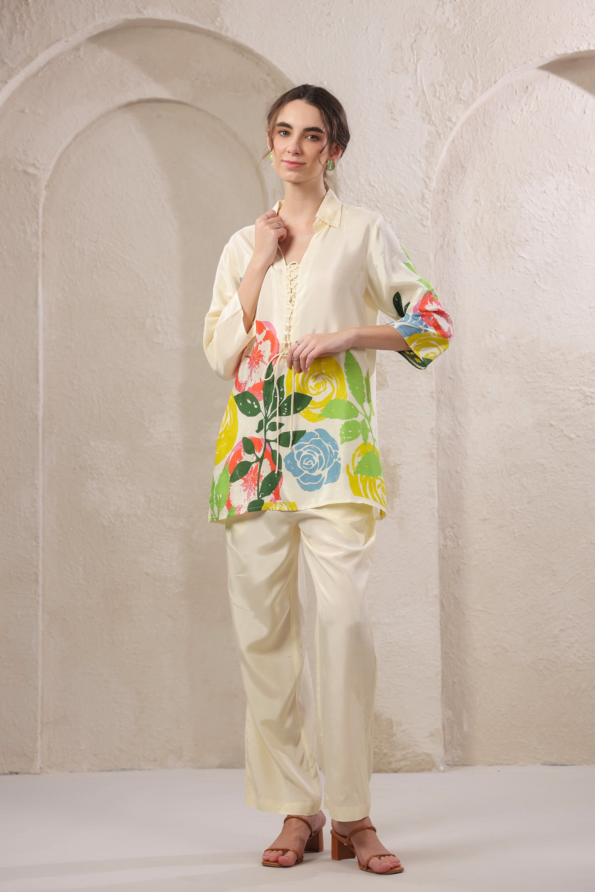 Beige Mosaic Floral Russian Silk Co-ord Set