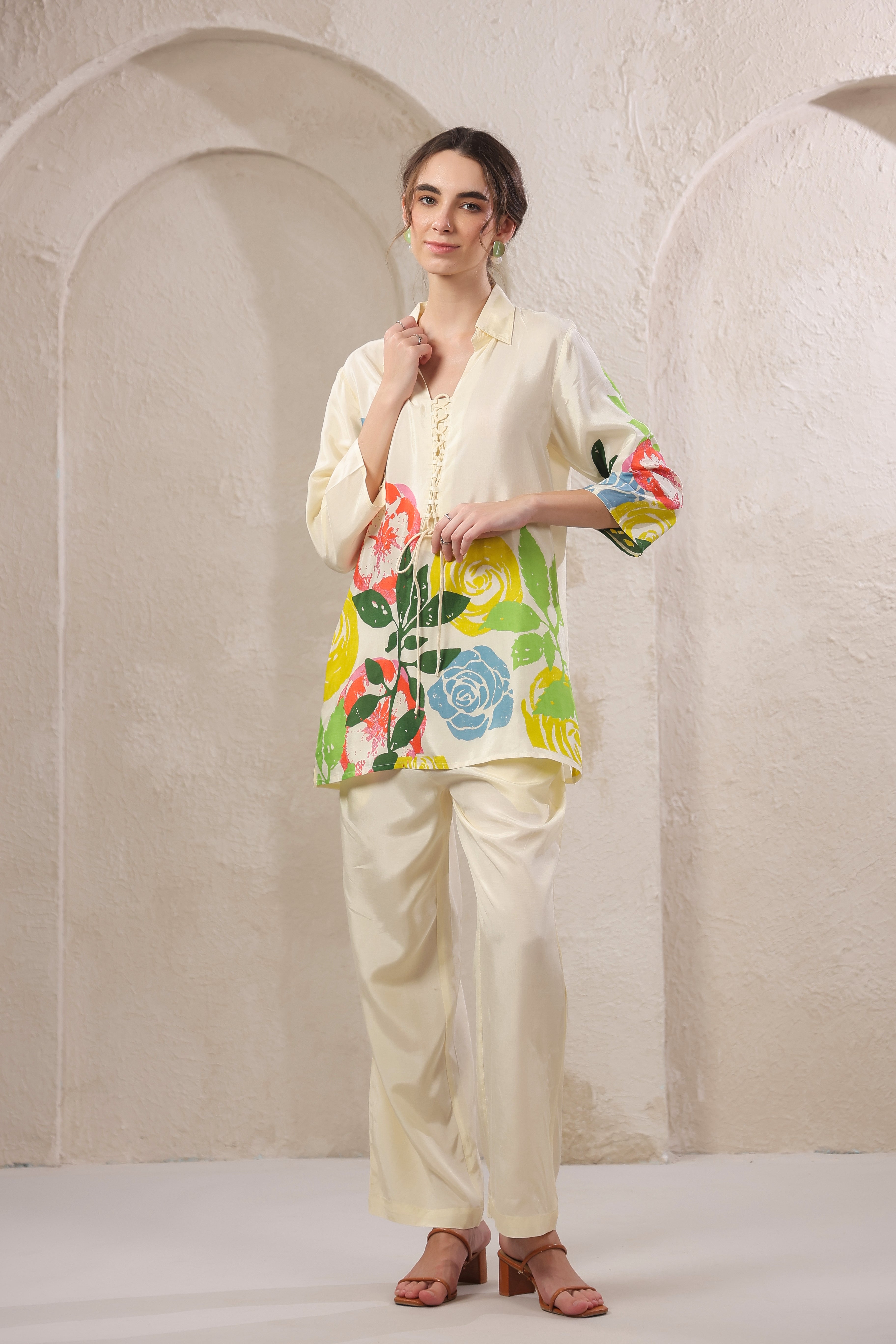 Beige Mosaic Floral Russian Silk Co-ord Set