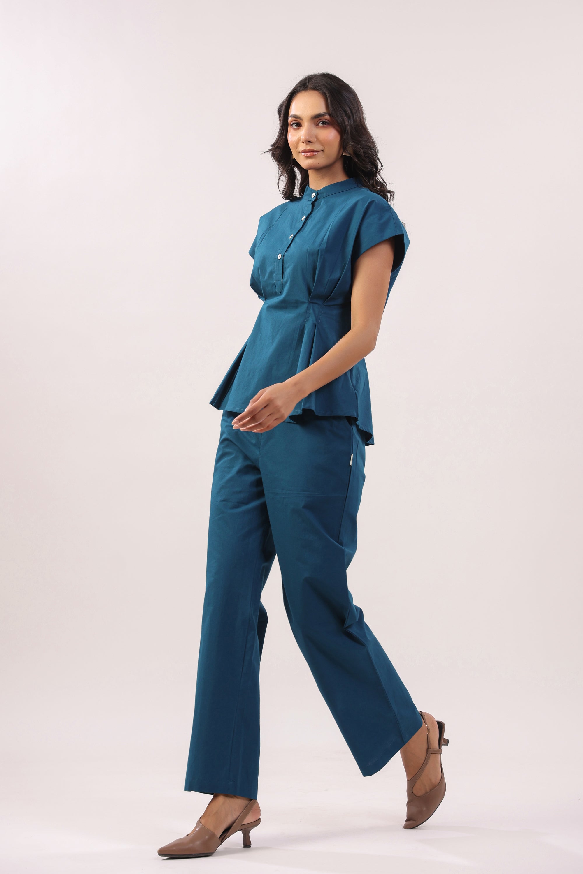 Blue Grace Solid Peplum Poplin Co-ord Set