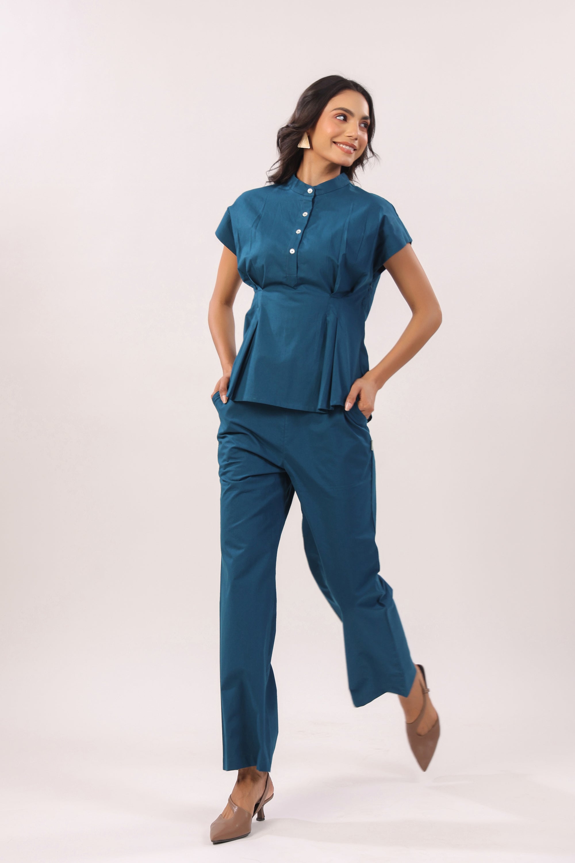 Blue Grace Solid Peplum Poplin Co-ord Set