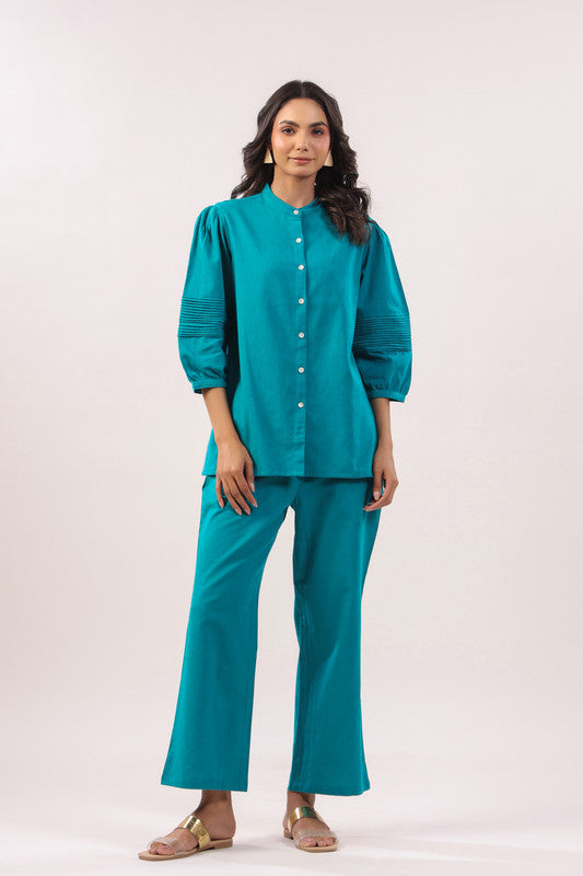 Turquoise Solid Elegance Cotton Flex Co-ord Set