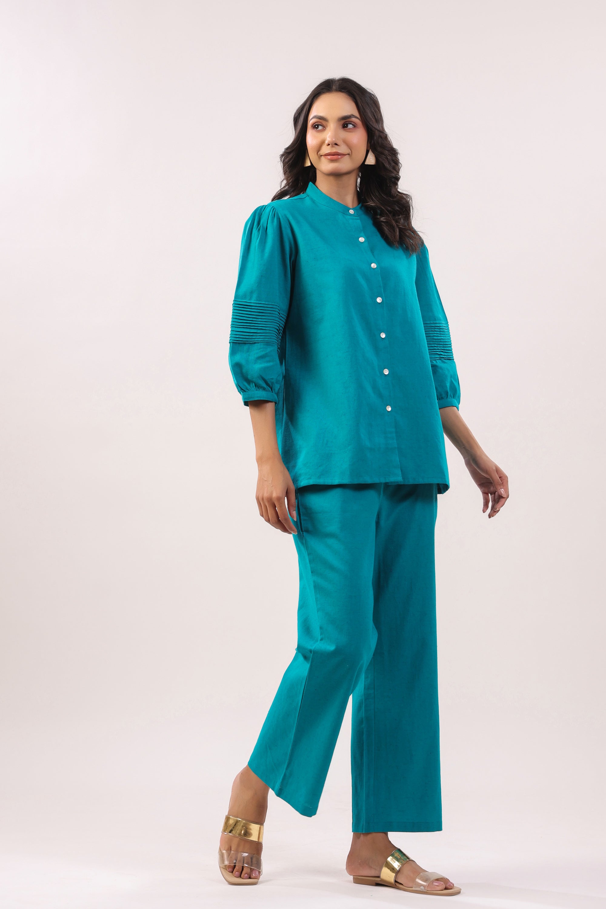 Turquoise Solid Elegance Cotton Flex Co-ord Set