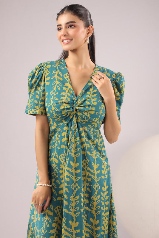 Teal Vine Printed Cotton Dress
