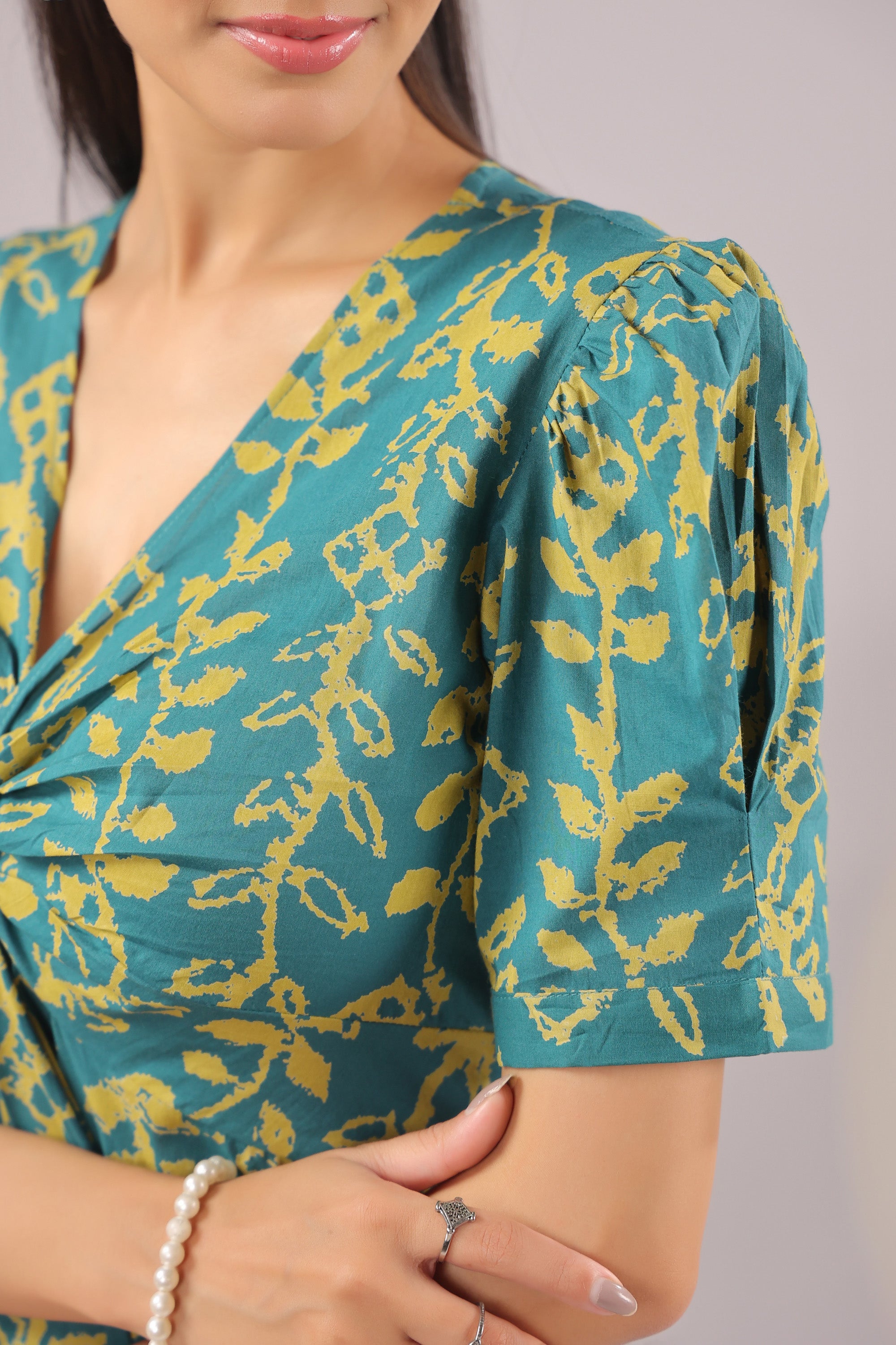 Teal Vine Printed Cotton Dress