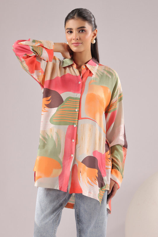 Citrus Abstract Printed Muslin Silk Shirt 