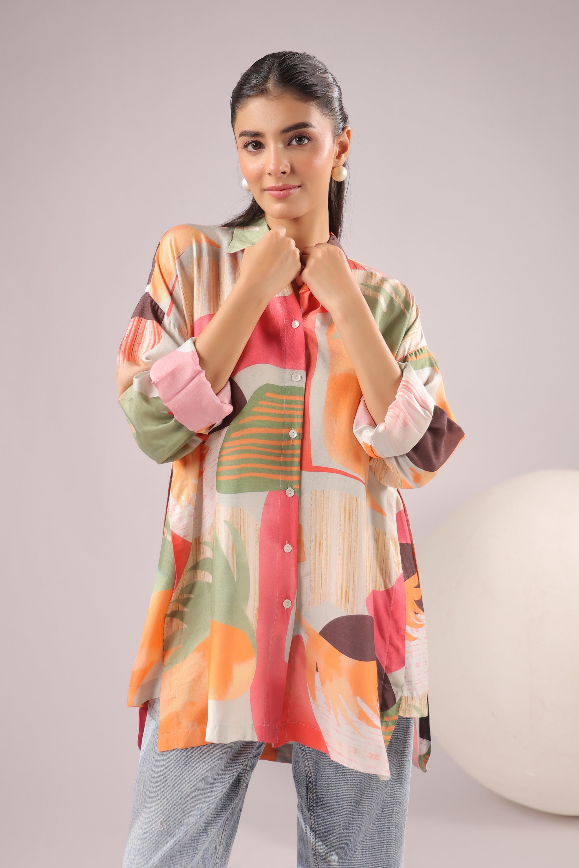 Citrus Abstract Printed Muslin Silk Shirt