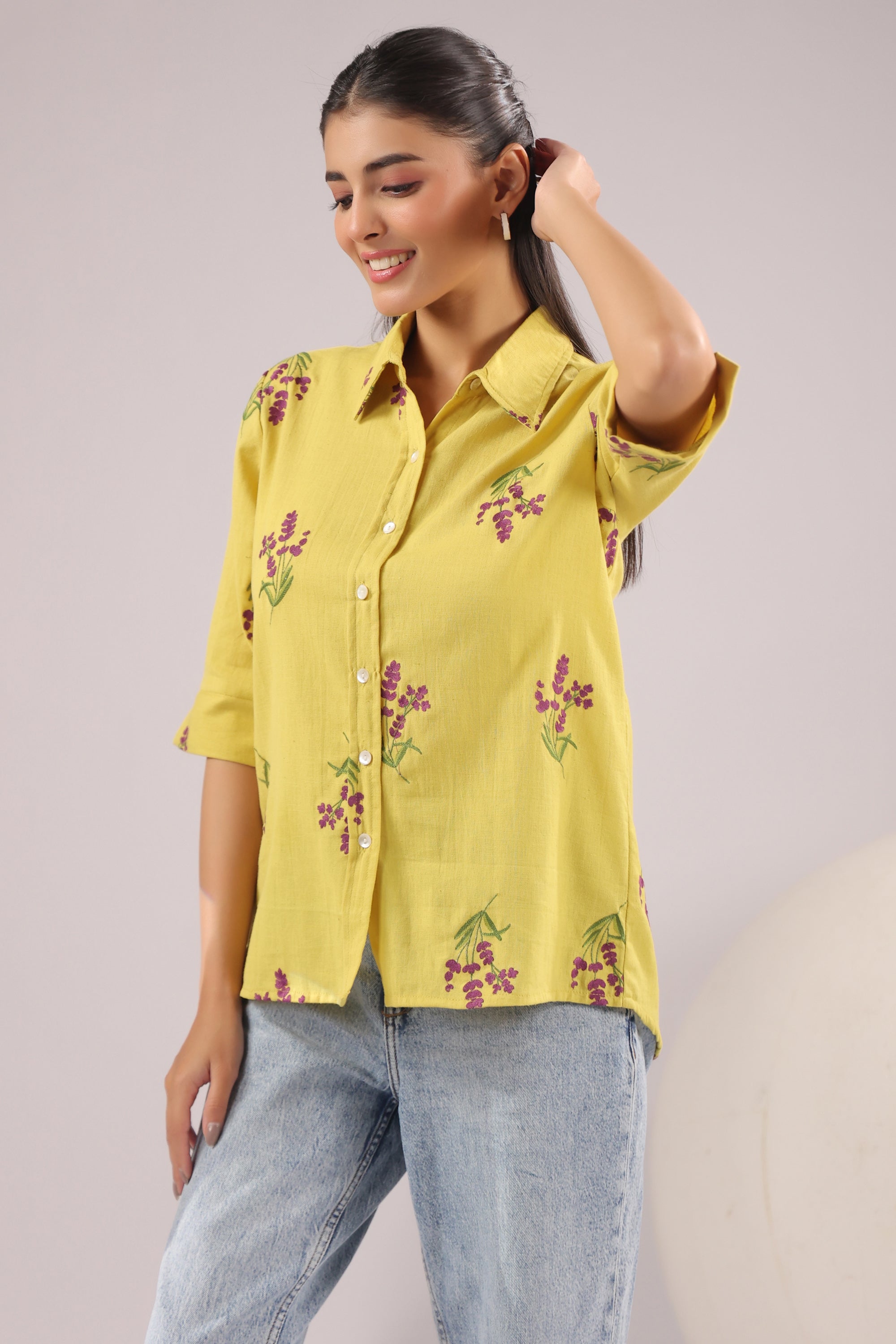 Sunny Bloom  Embroidered Cotton Flex Shirt