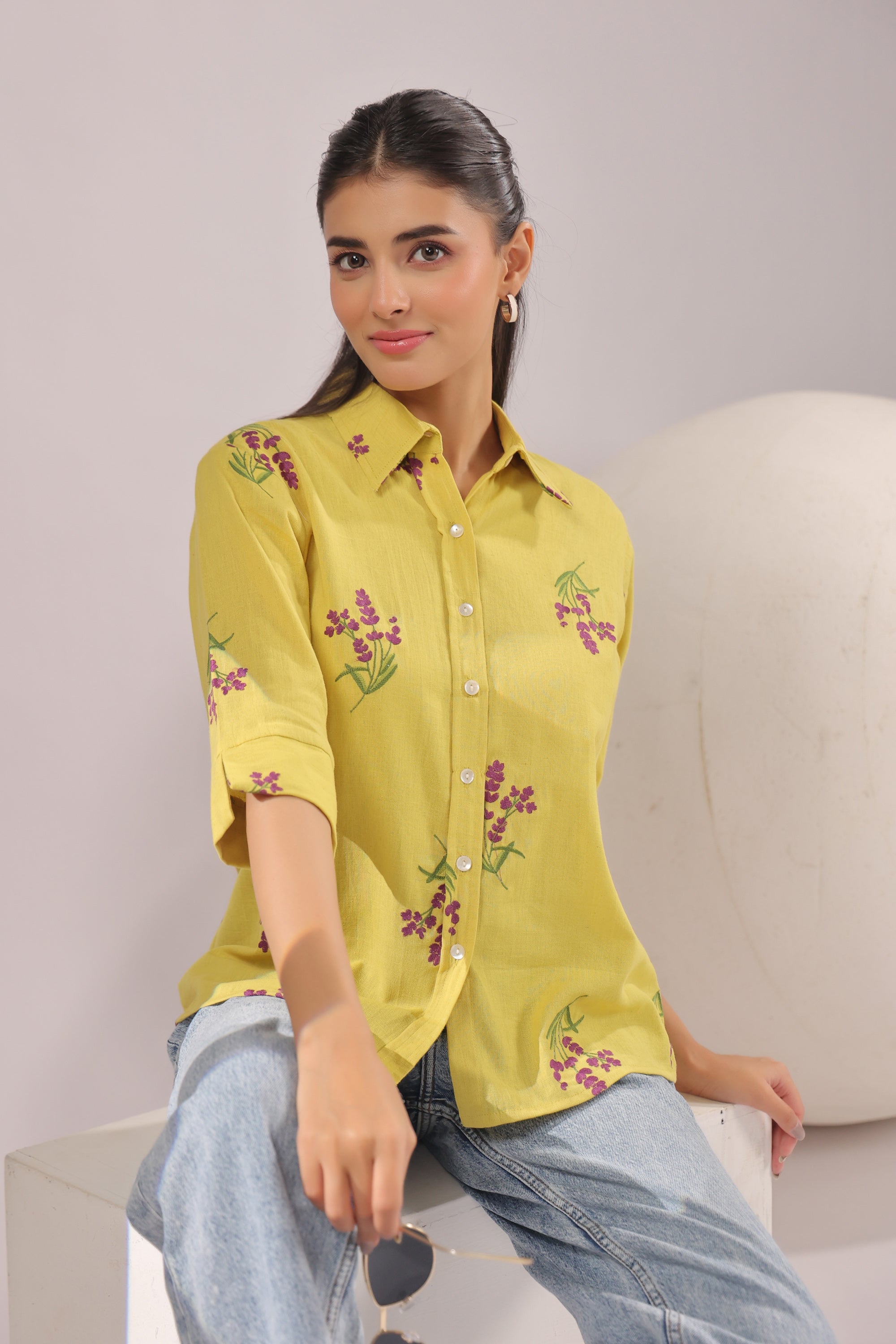 Sunny Bloom  Embroidered Cotton Flex Shirt