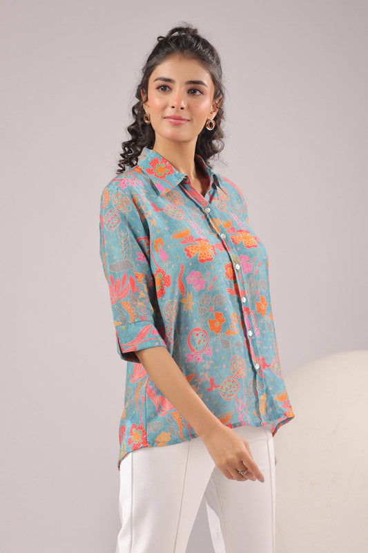 Azure Meadow Printed Muslin Silk Shirt
