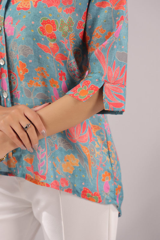 Azure Meadow Printed Muslin Silk Shirt