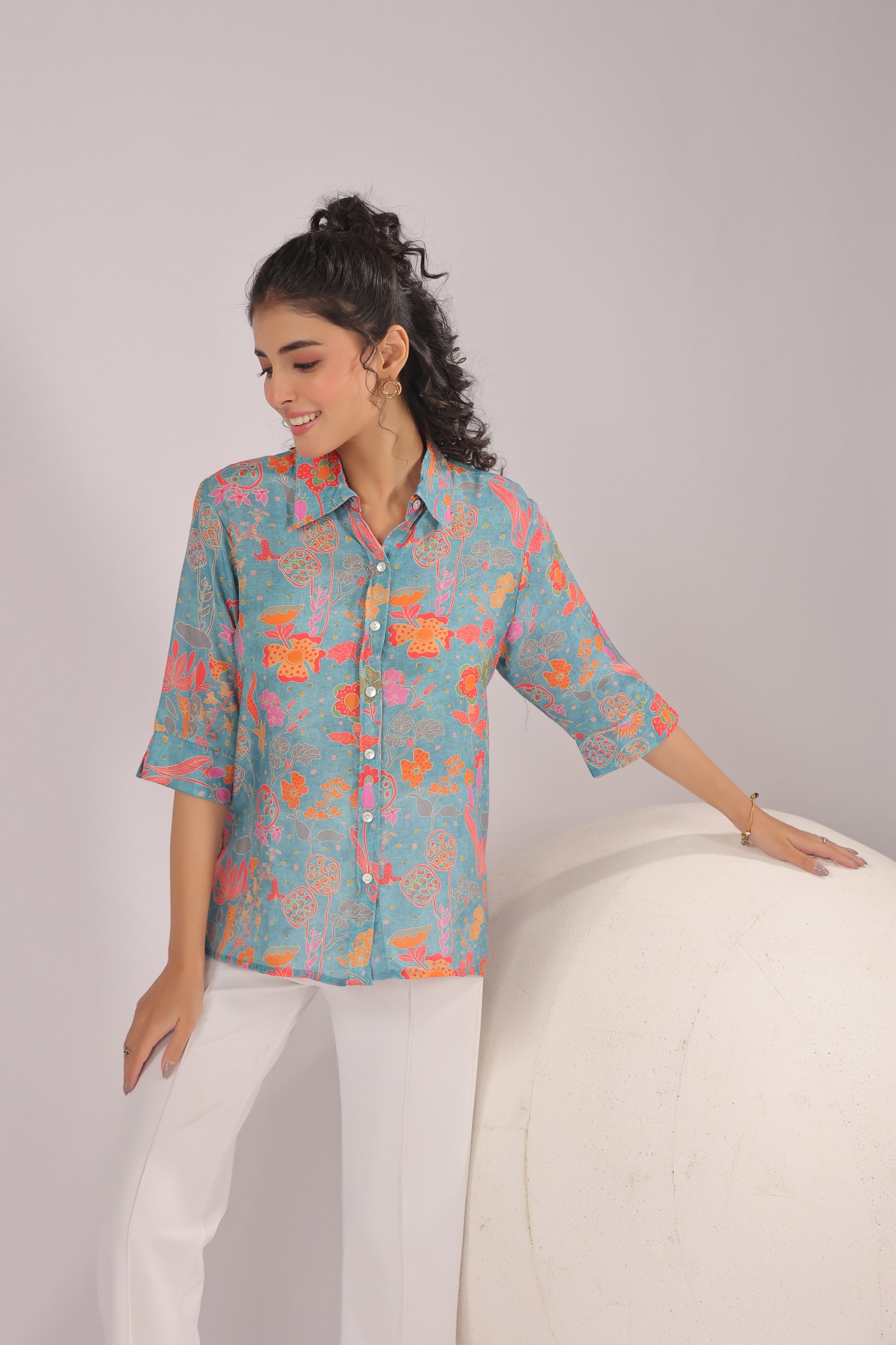 Azure Meadow Printed Muslin Silk Shirt