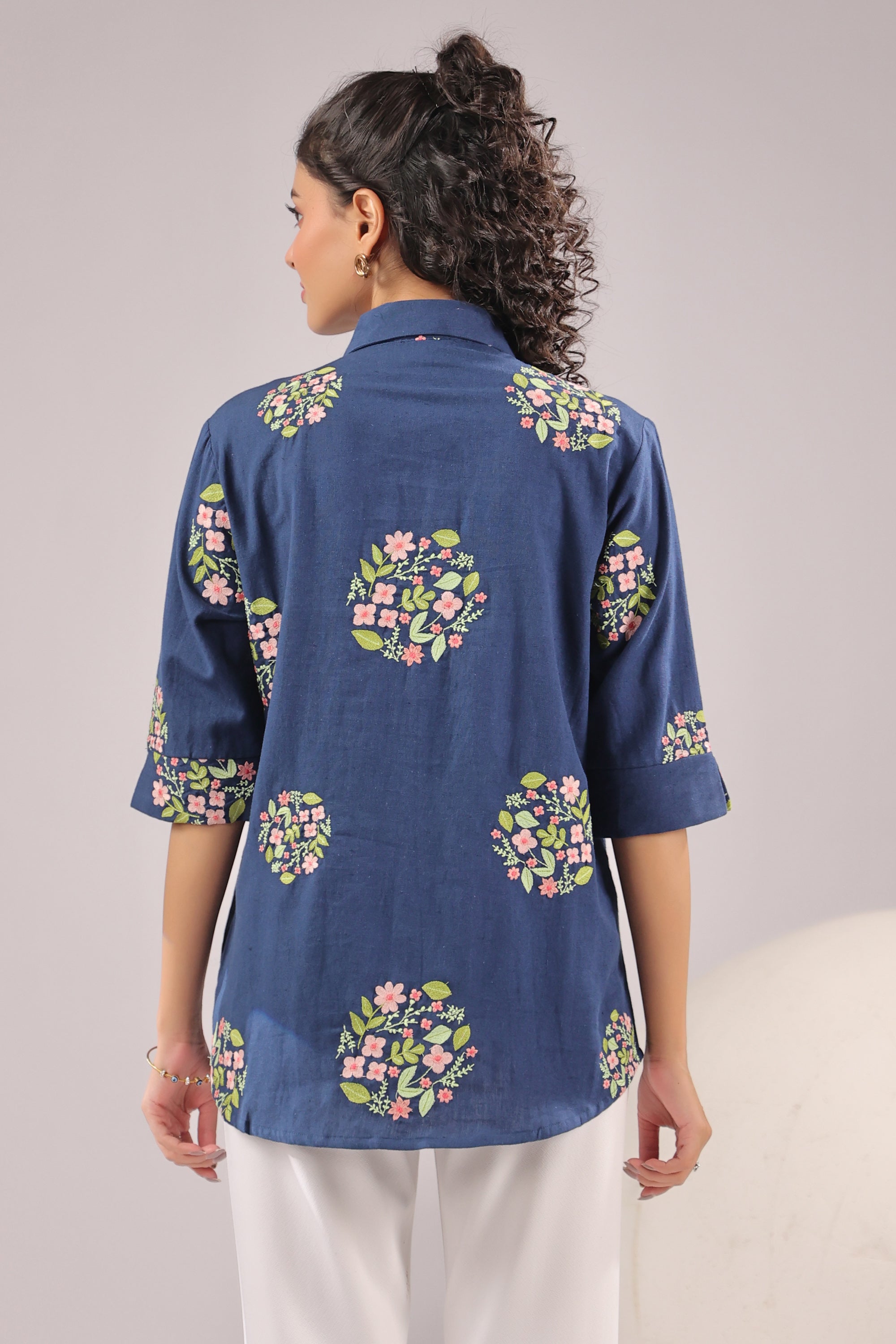 Navy Petal  Embroidered Cotton Flex Shirt