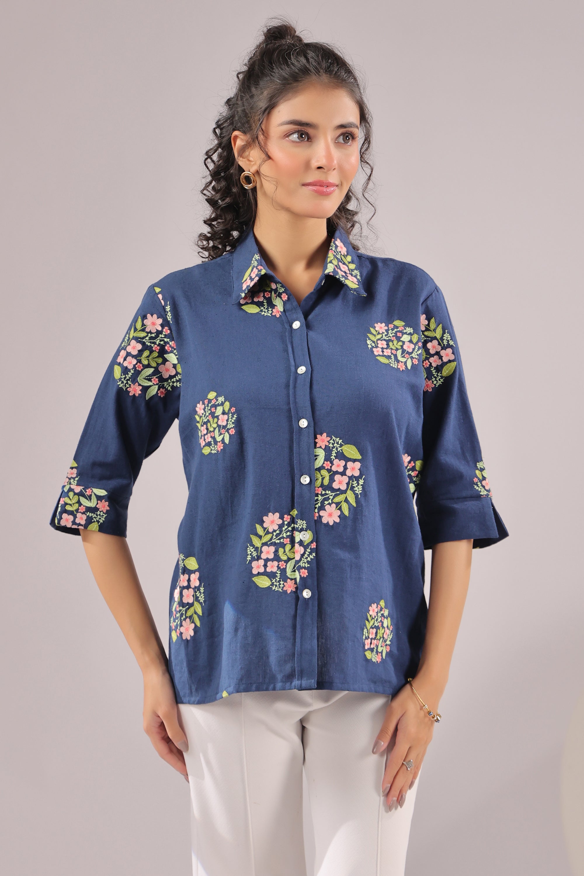 Navy Petal  Embroidered Cotton Flex Shirt