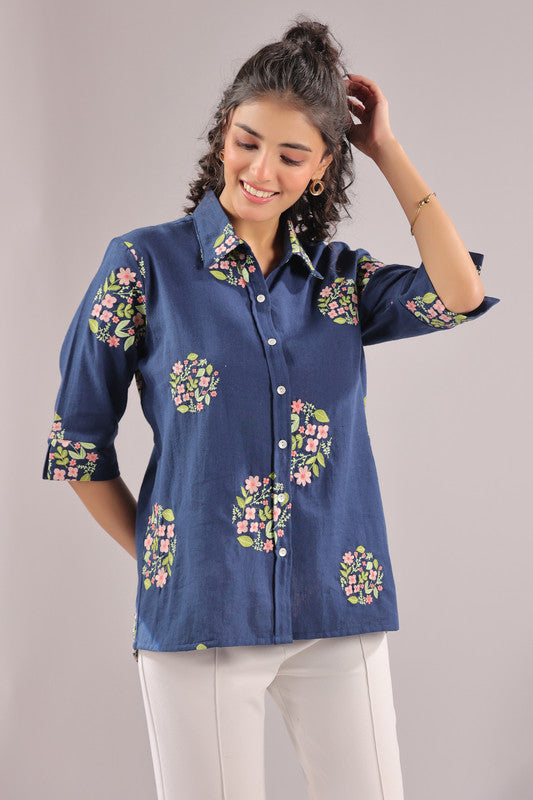 Navy Petal  Embroidered Cotton Flex Shirt
